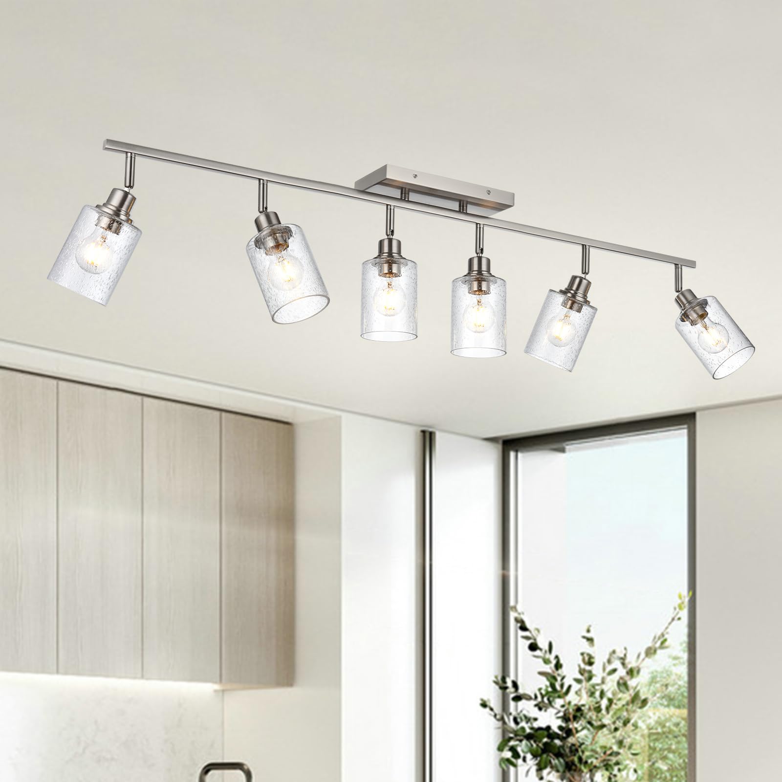 6-Light Flexible Track Lighting Kit - Brushed Nickel Flush Mount Ceiling Spotlights with Seeded Glass | Modern Track Light Fixtures for Kitchen, Bedroom & Bathroom Vanity | Perfect for Ambient Lighting in Living Rooms, Dining Areas and Retail Spaces