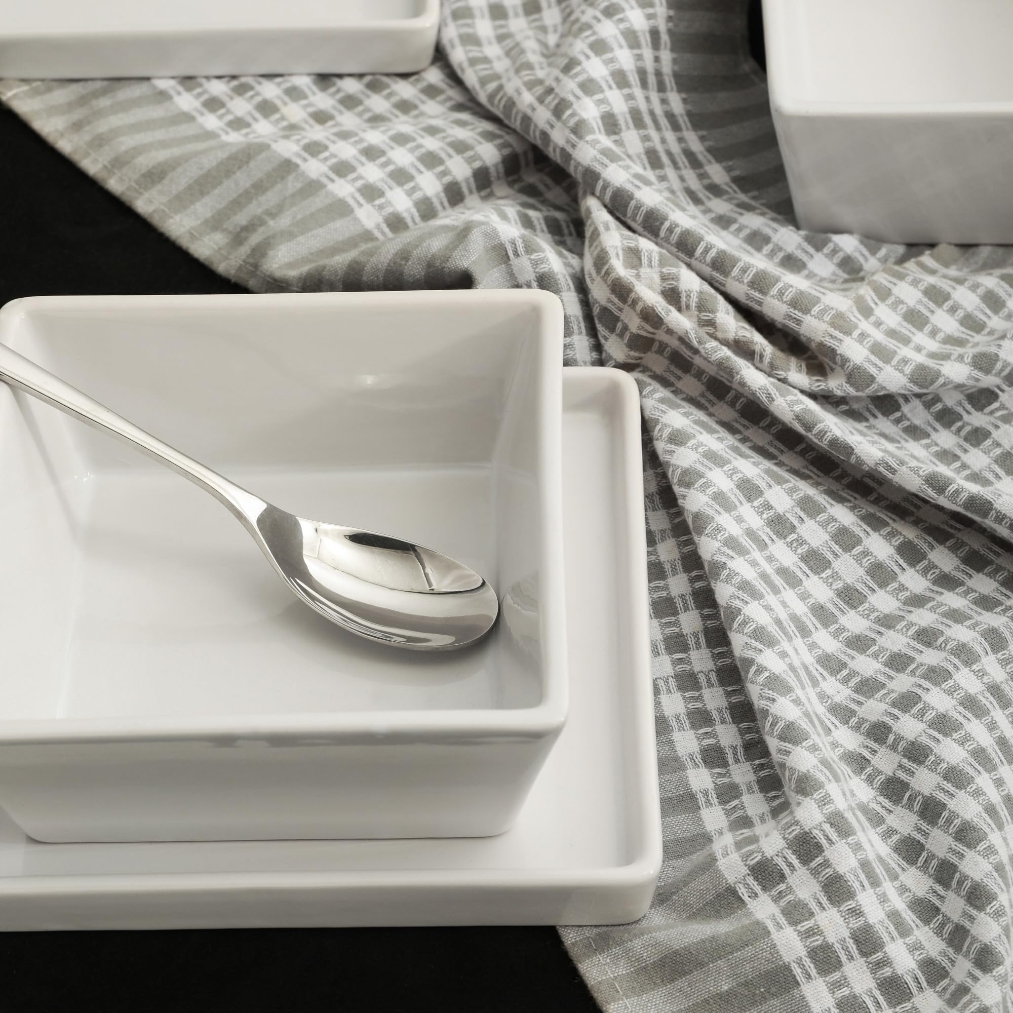 Premium 12-Piece Stoneware Dinnerware Set for 4 - White Square Plates & Bowls - Durable Stone Lain Grace Collection - Perfect for Everyday Dining, Dinner Parties & Restaurant Use