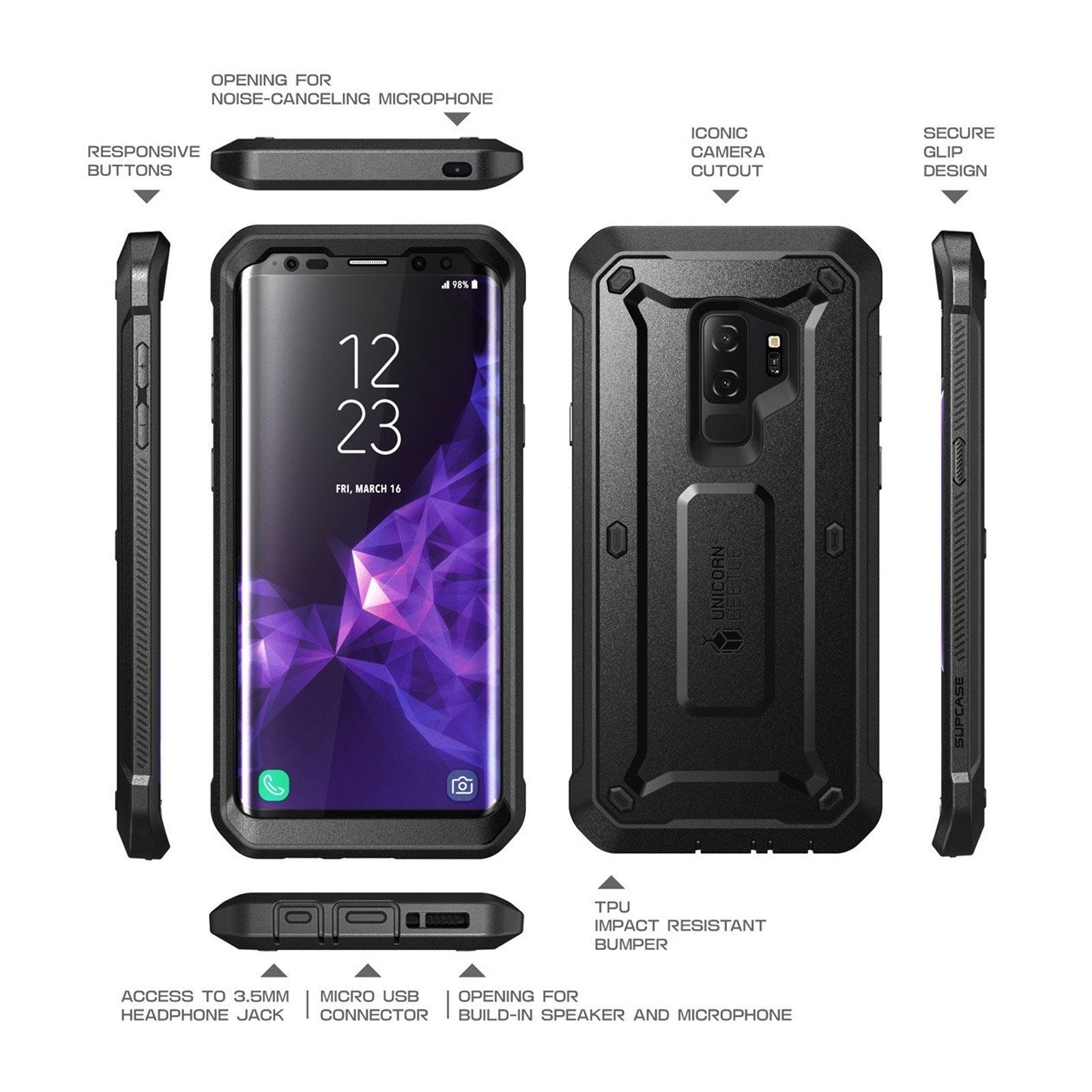 Samsung Galaxy S9 Plus Unicorn Beetle Pro Full Body Rugged Protective Case - Shockproof & Drop Proof Cover for Outdoor, Work & Travel (Black)