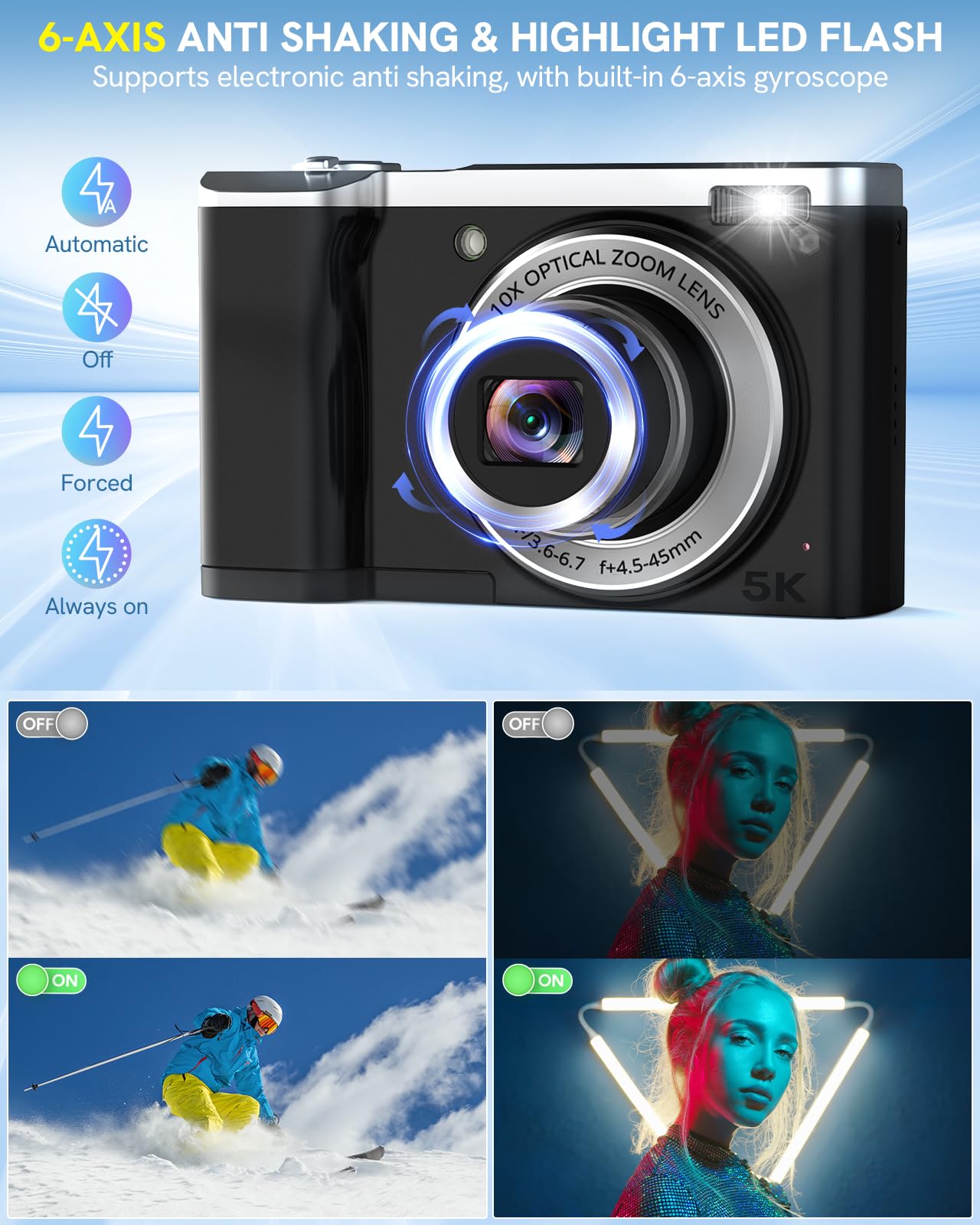 5K Digital Camera 56MP Autofocus Vlogging Camera with 10X Optical Zoom, Dual Front & Rear Cameras, 6-Axis Anti-Shake, Touch Screen - Includes 64GB SD Card & 2 Batteries - Perfect for Travel, YouTube Vlogging, and Outdoor Photography