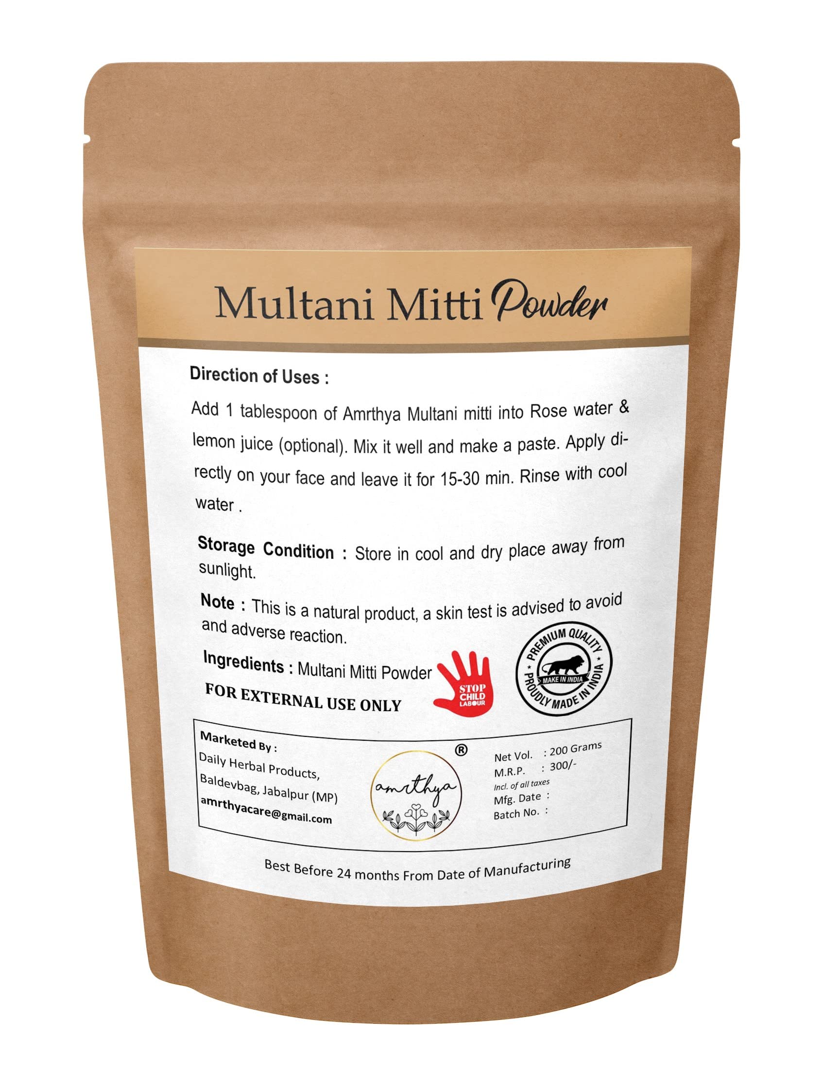 AMRTHYA 100% Natural Multani Mitti (Fuller's Earth) Clay Powder for Face - 200g | Treats Acne, Brightens Dull Skin & Reduces Dark Spots | Skin Softening Facial Mask | Perfect for Spa Days & At-Home Skincare Routines