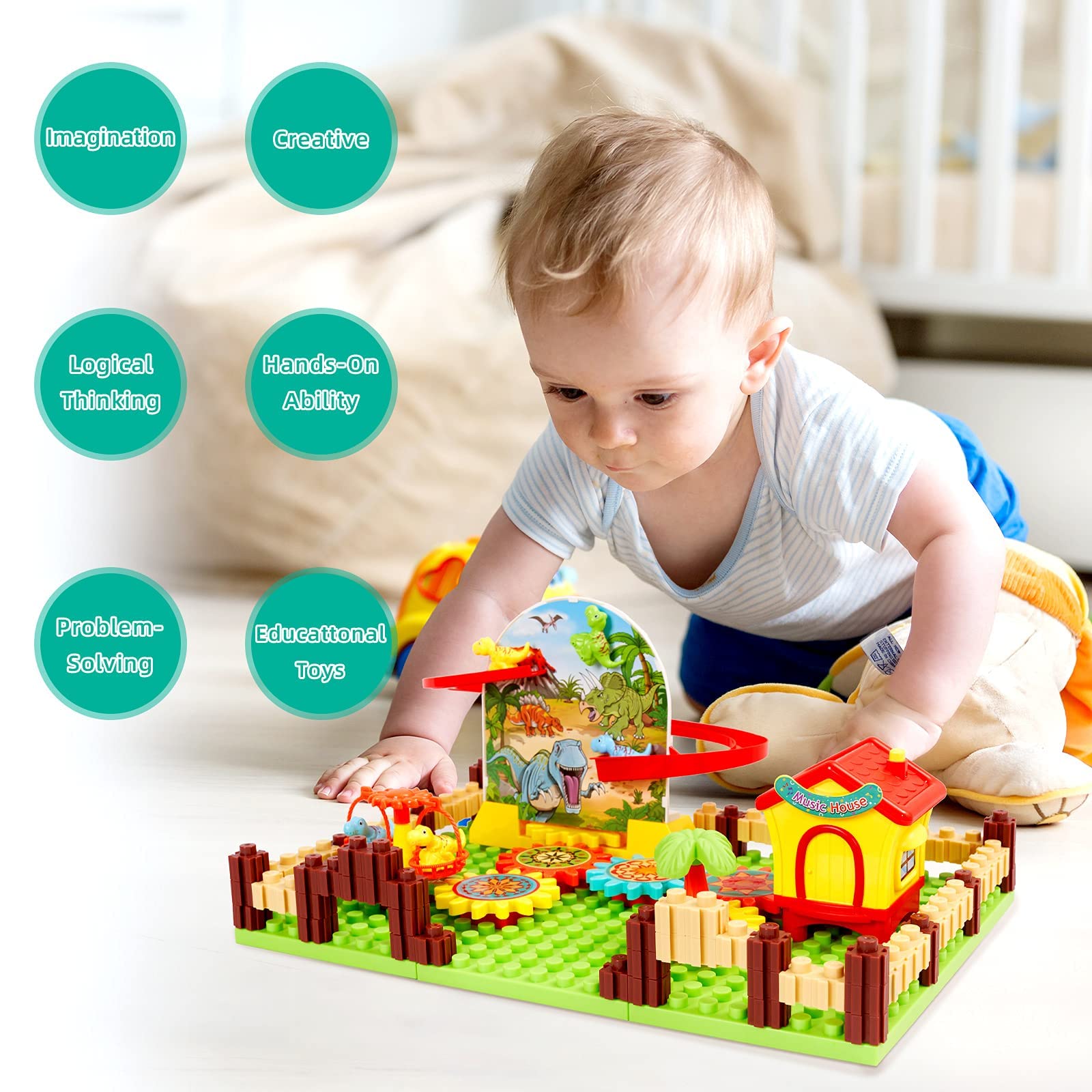 Dinosaur Marble Run Building Blocks - STEM Educational Construction Toy Set with Gear Tracks for Kids Ages 3-8 | Creative Learning Toys for Boys & Girls | Perfect for Birthday Gifts & Classroom STEM Activities