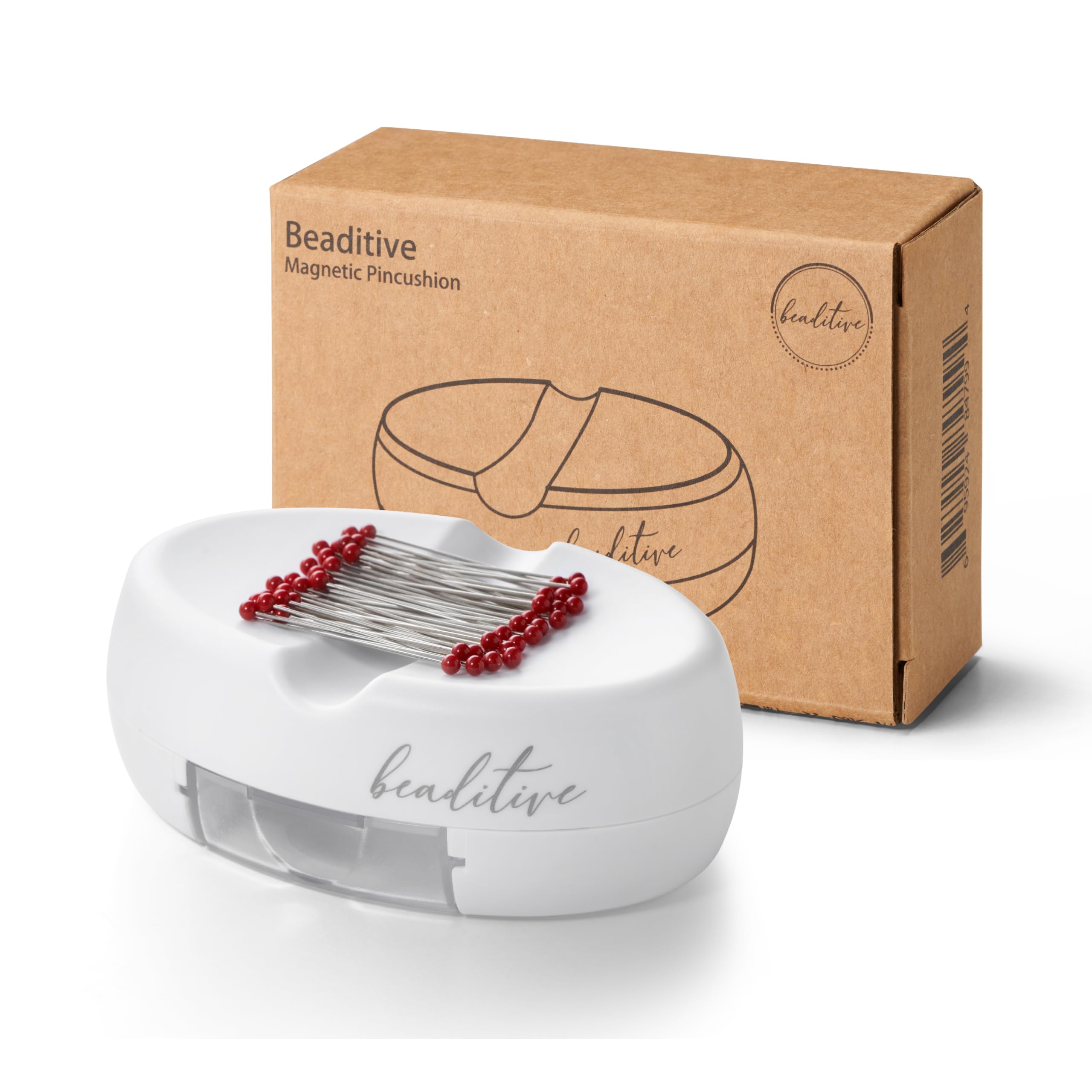 Beaditive Magnetic Pin Cushion with Drawer - Strong Magnet Holder for Sewing, Quilting & Crafts - Includes 50 Glass Head Pins - Organize Needles, Paper Clips & Small Tools - Perfect Sewing Accessory for Home & Studio - White