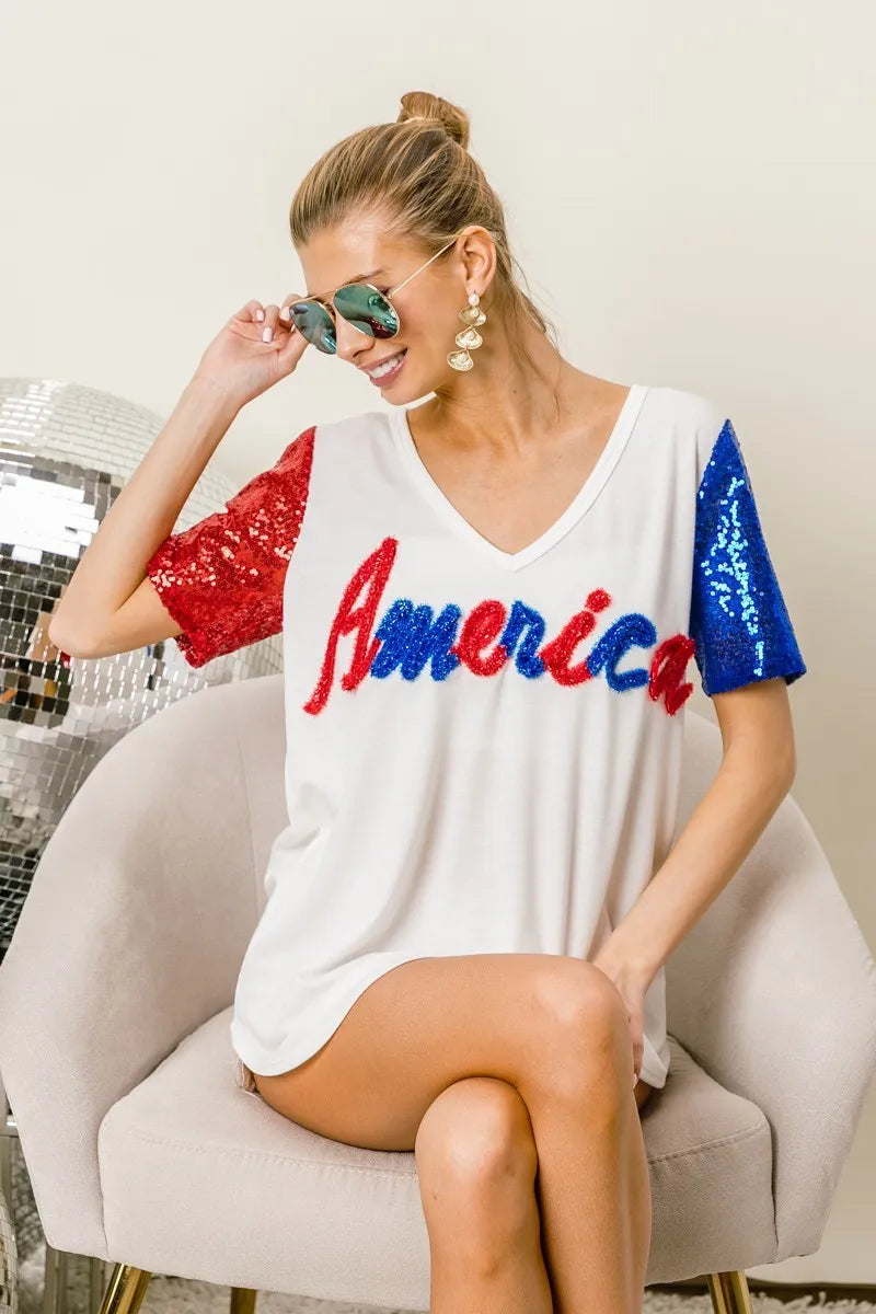 BiBi Metallic Letter V-Neck Sequin Sleeves Top for Women | Party Wear, Club Outfit, Evening Dress, Special Occasion Fashion