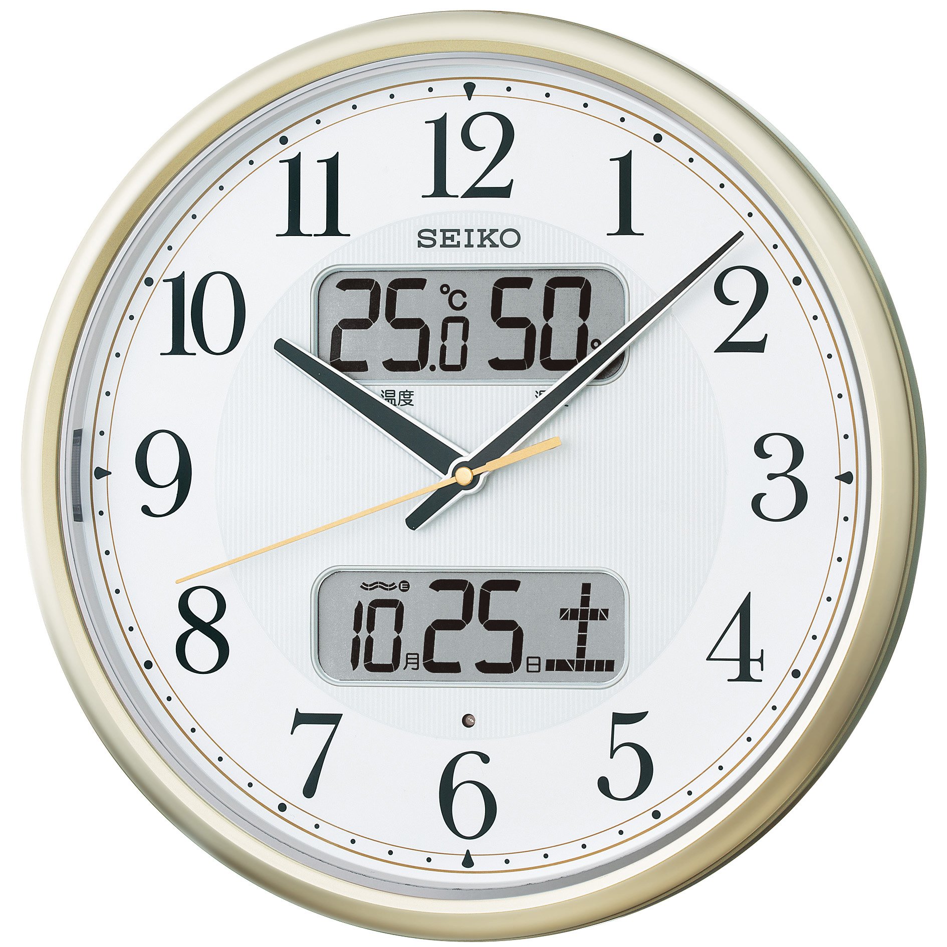 Seiko KX384S Wall Clock with Automatic Light, Radio, Analog Display, Calendar, Temperature & Humidity Sensor - Night Visible Light Gold Pearl Finish | Perfect for Home, Office & Bedroom