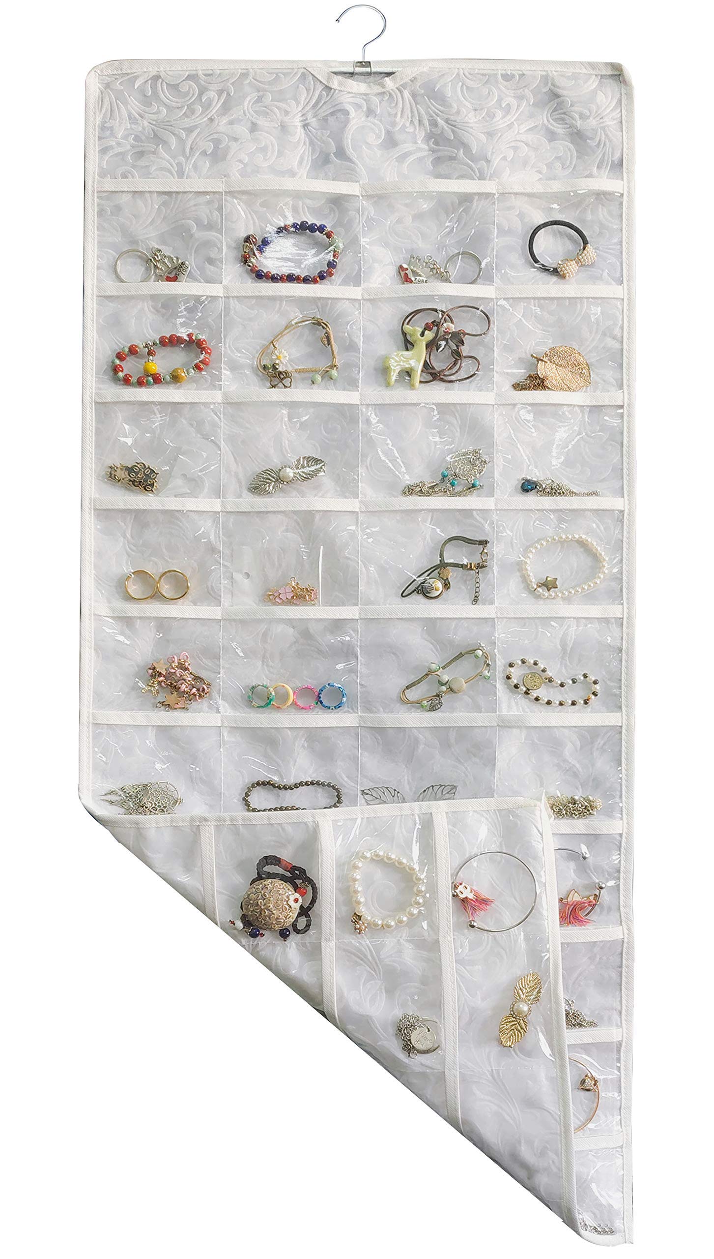 Double Sided Hanging Jewelry Organizer with 80 Clear PVC Pockets - Embossed Pattern Jewelry Storage for Necklaces, Earrings & Bracelets - Perfect for Closet, Bathroom & Travel Organization (White)