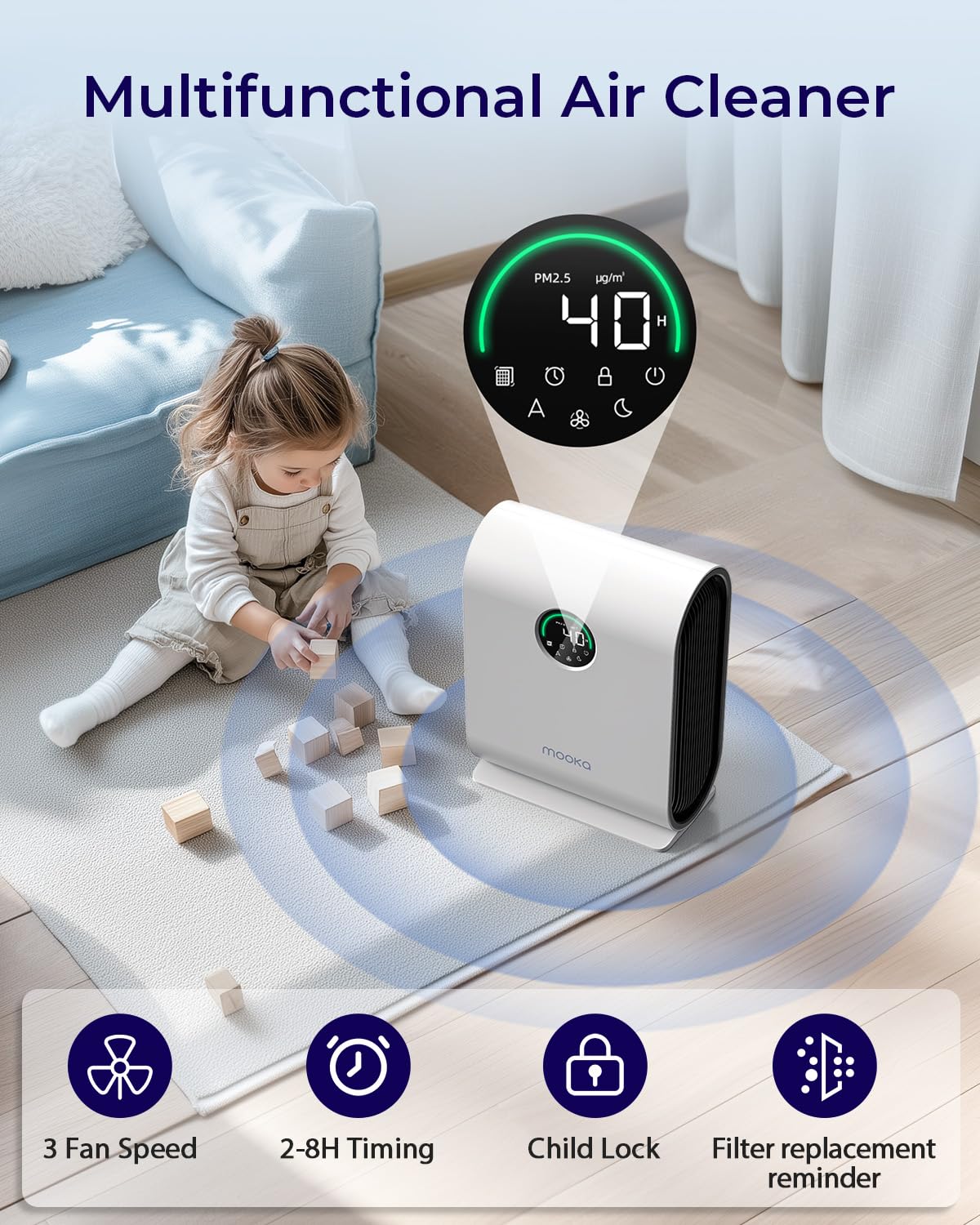 MOOKA H13 HEPA Air Purifier for Large Rooms up to 2500 ft² - Smart Air Quality Sensor with PM2.5 Display, Auto Mode for Pets, Dust, Smoke & Odor Removal - Ultra Quiet 15dB Sleep Mode & Timer - Perfect for Bedroom, Living Room & Office