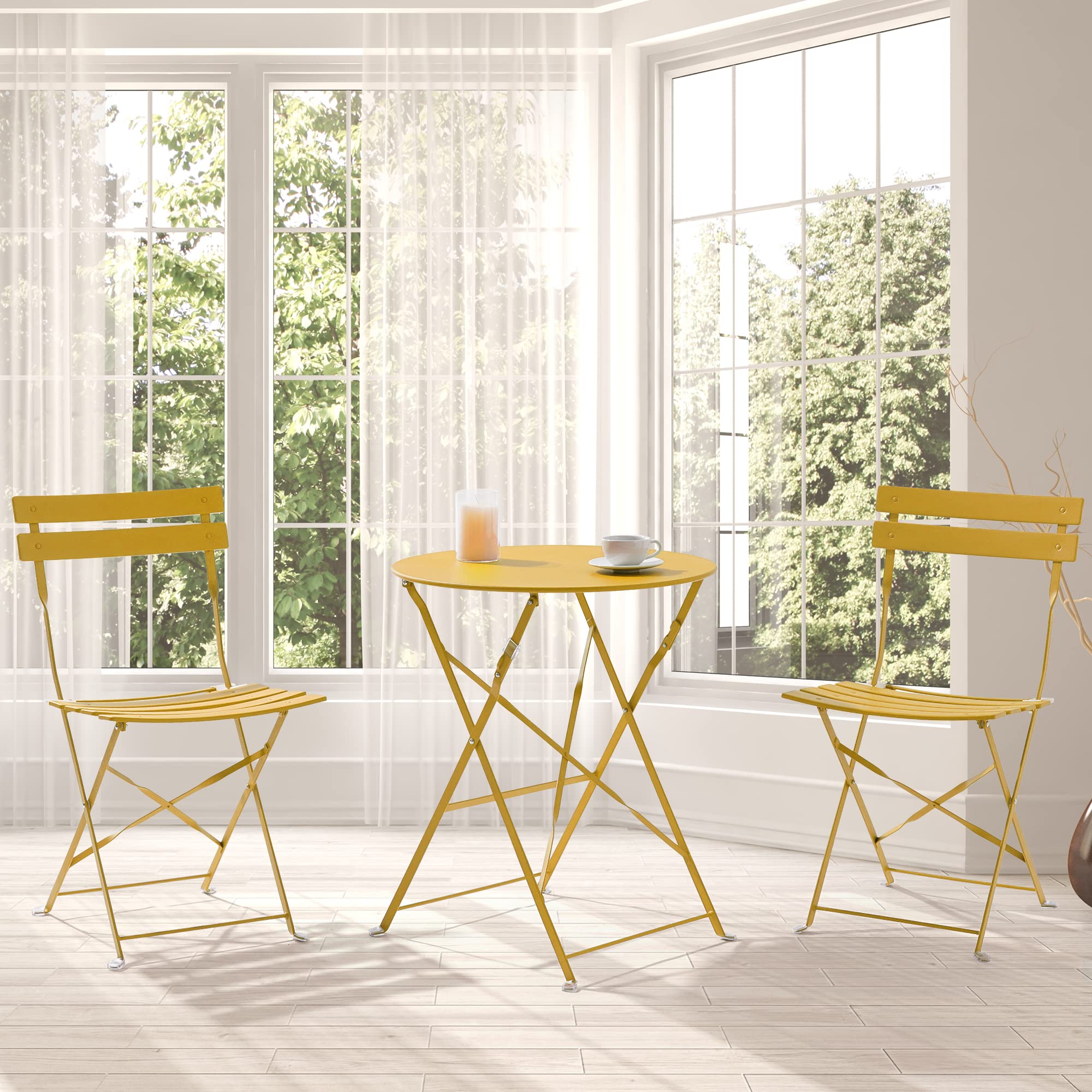 SANLUCE 3-Piece Patio Furniture Set - Acapulco Chair with Glass Top Table & 2 Chairs for Indoor Outdoor Use, Yellow Boho Style Seating - Perfect for Garden, Balcony, Poolside & Backyard Relaxation