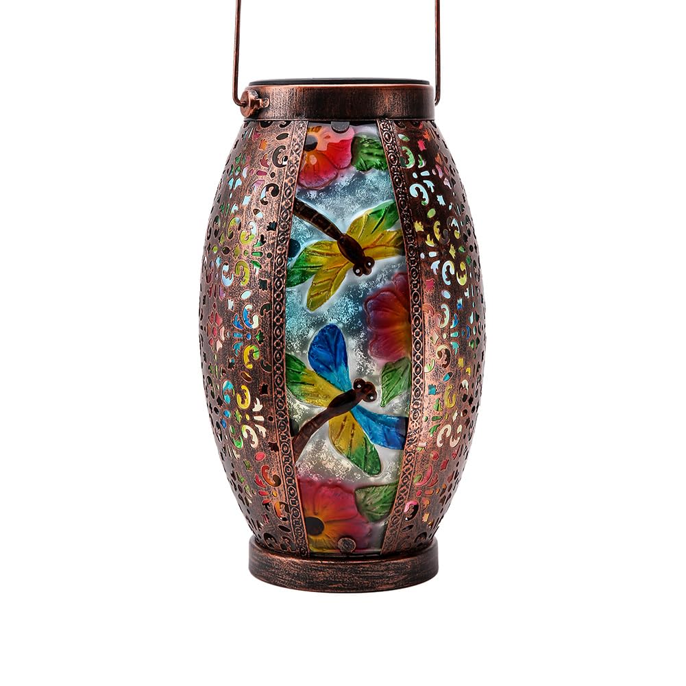 Outdoor Solar Lantern with Hollowed-Out Dragonfly Design - Waterproof Glass & Metal Hanging Light for Patio, Garden, Tabletop - Solar Powered Decorative Lighting for Outdoor Parties, Camping, and Backyard Decor