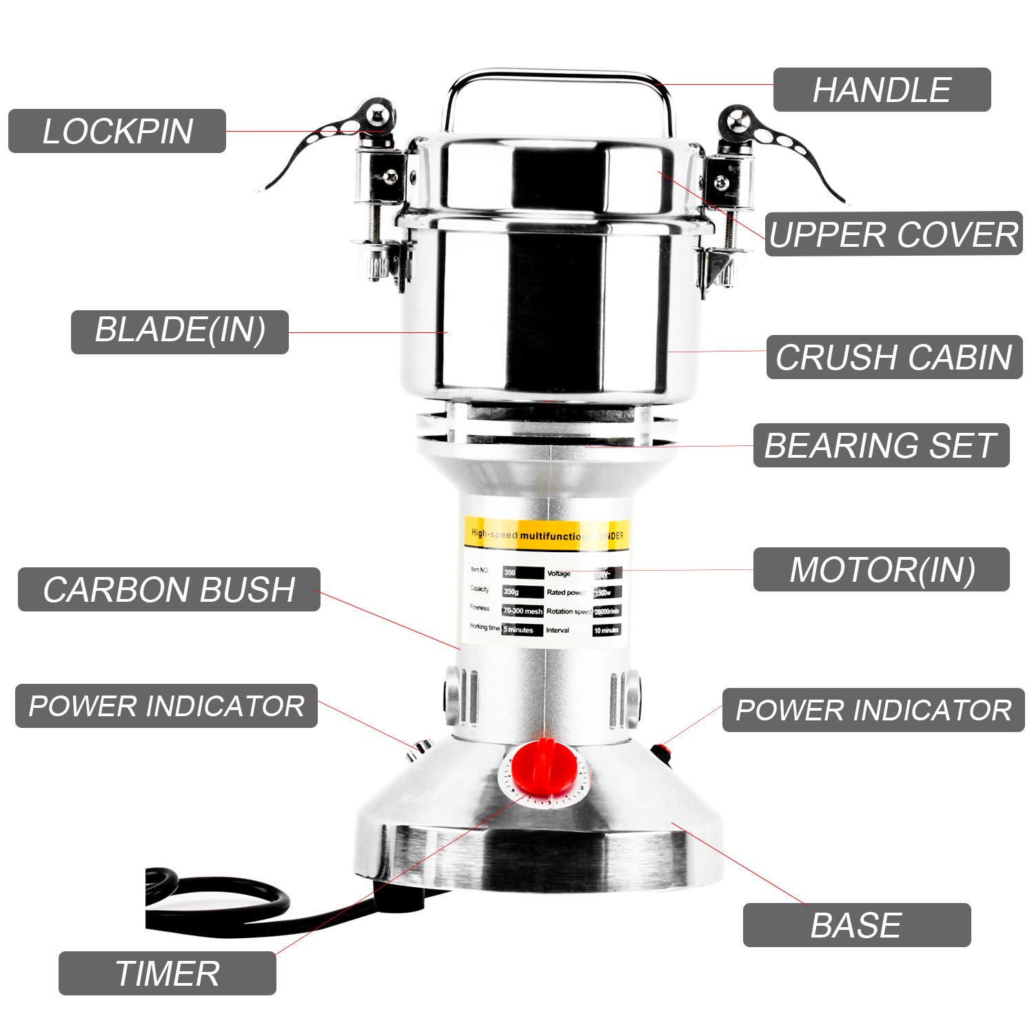 350g High-Speed Electric Grain Mill Grinder - 1500W Commercial Stainless Steel Powder Machine for Spices, Herbs, Coffee & Pepper (70-300 Mesh, 28000 RPM) - Perfect for Home Kitchens, Bakeries & Coffee Shops