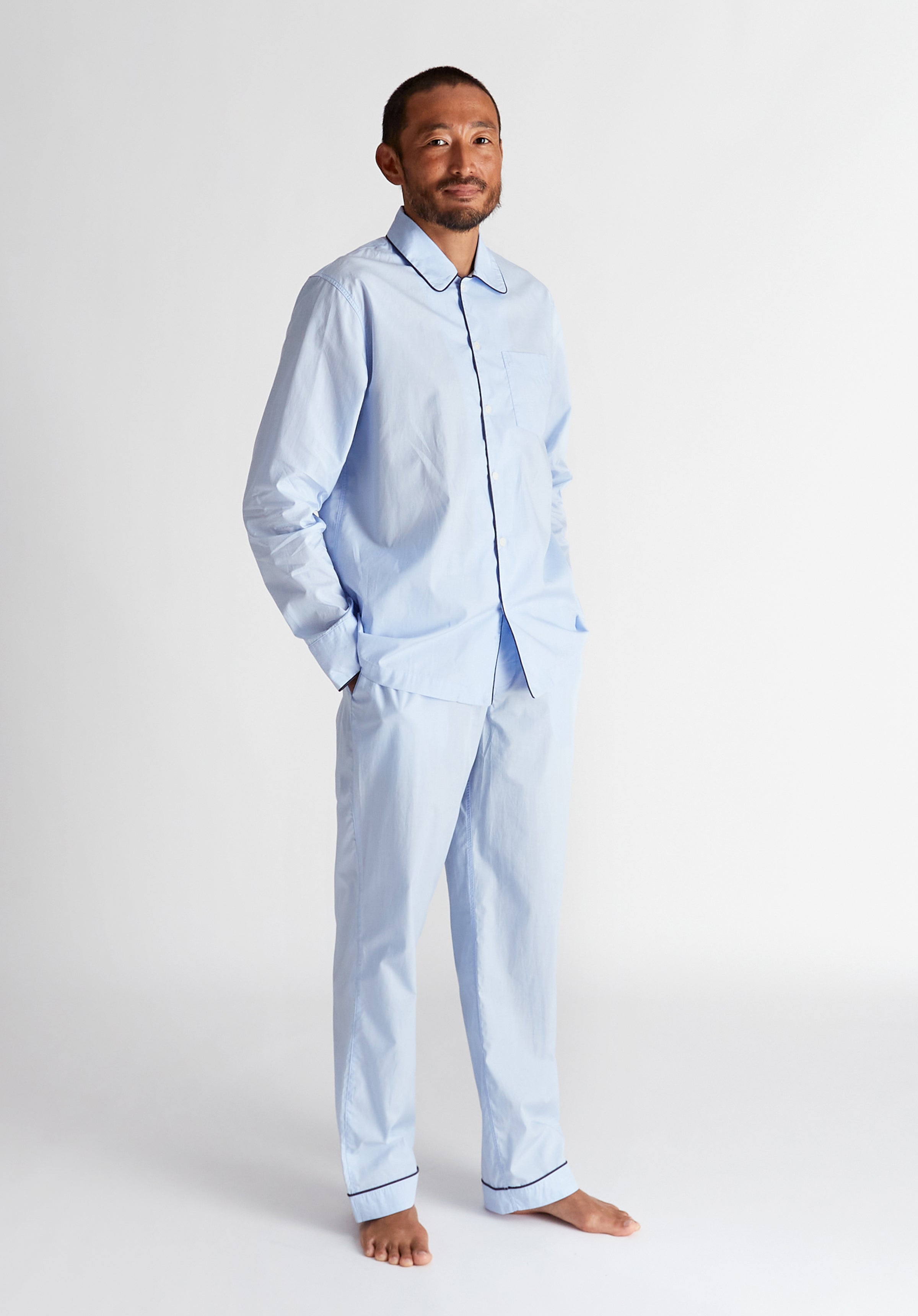 Premium Henry Pajama Set - Soft End-on-End Blue Cotton with Navy Piping | Comfortable Sleepwear for Men | Perfect for Lounging, Travel & Cozy Nights