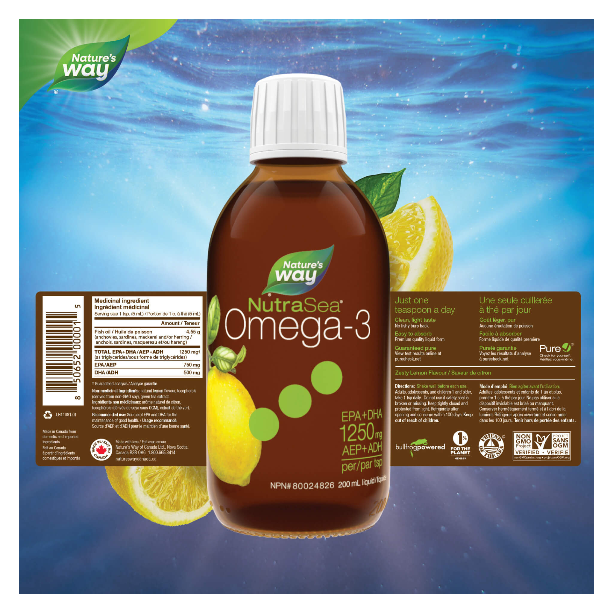 NutraSea Omega-3 Liquid Supplement - Zesty Lemon Flavor, 200mL for Heart & Brain Health - Supports Immune System, Great for Smoothies & Daily Wellness