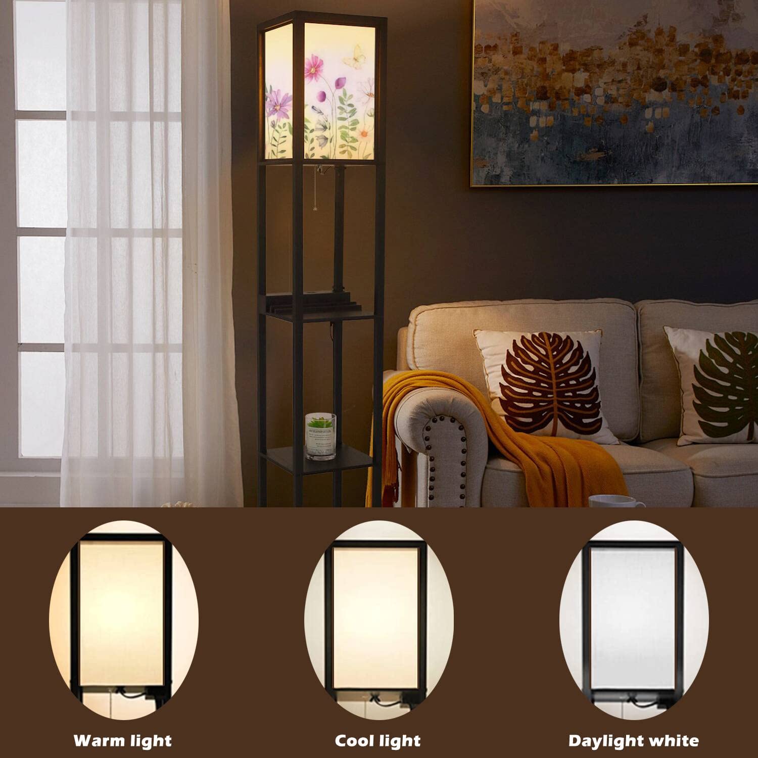 Modern Wildflowers Green Floral Seamless Floor Lamp with Shelves, USB Ports & Power Outlet - Linen Fabric Shade Tall Standing Lamp for Living Room & Bedroom - Perfect for Reading Nooks, Home Office, and Cozy Corners