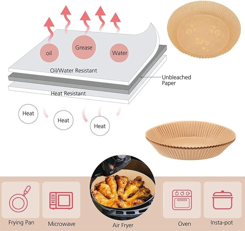 7.9'' Disposable Air Fryer Paper Liners - Round Microwave Safe Baking Sheets for Air Fryers (50 Pack) | Perfect for Easy Cleanup & Healthy Cooking