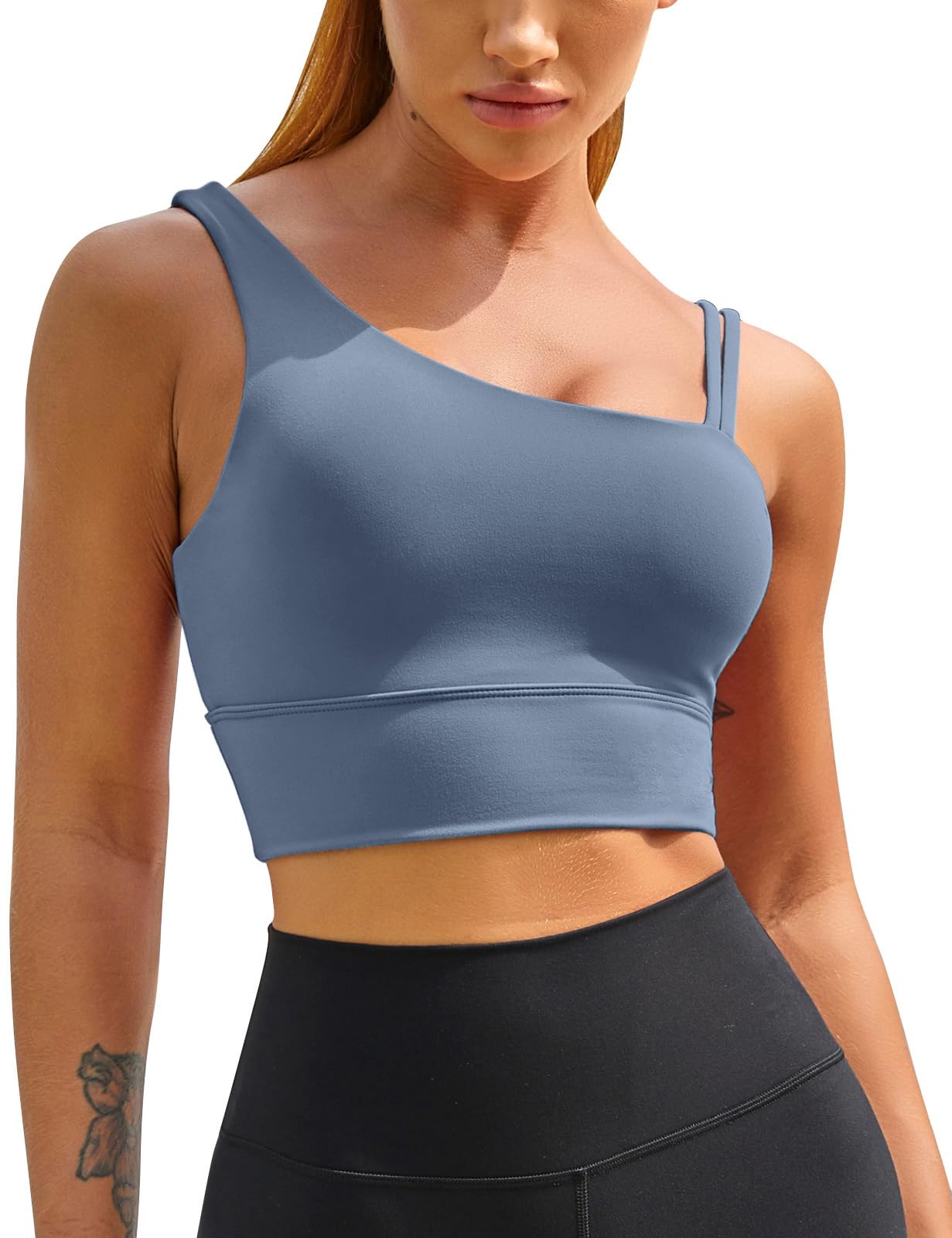 MELYUM Women's Longline Sports Bras - One Shoulder Workout Tank Top with Built-in Bra, Supportive Yoga Crop Top with Padded Cups for Running, Gym & Fitness Training