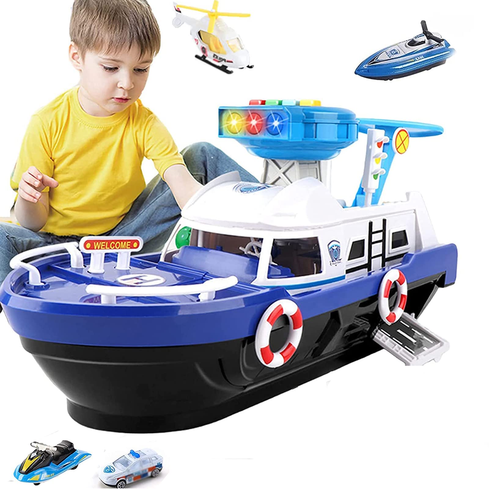 Blue Police Car & Mini Helicopter Toy Set with Sound & Light - Airplane & Boat Toys for Kids Ages 4-6 | Perfect for Bath Time Play, Outdoor Adventures & Imaginative Role-Playing