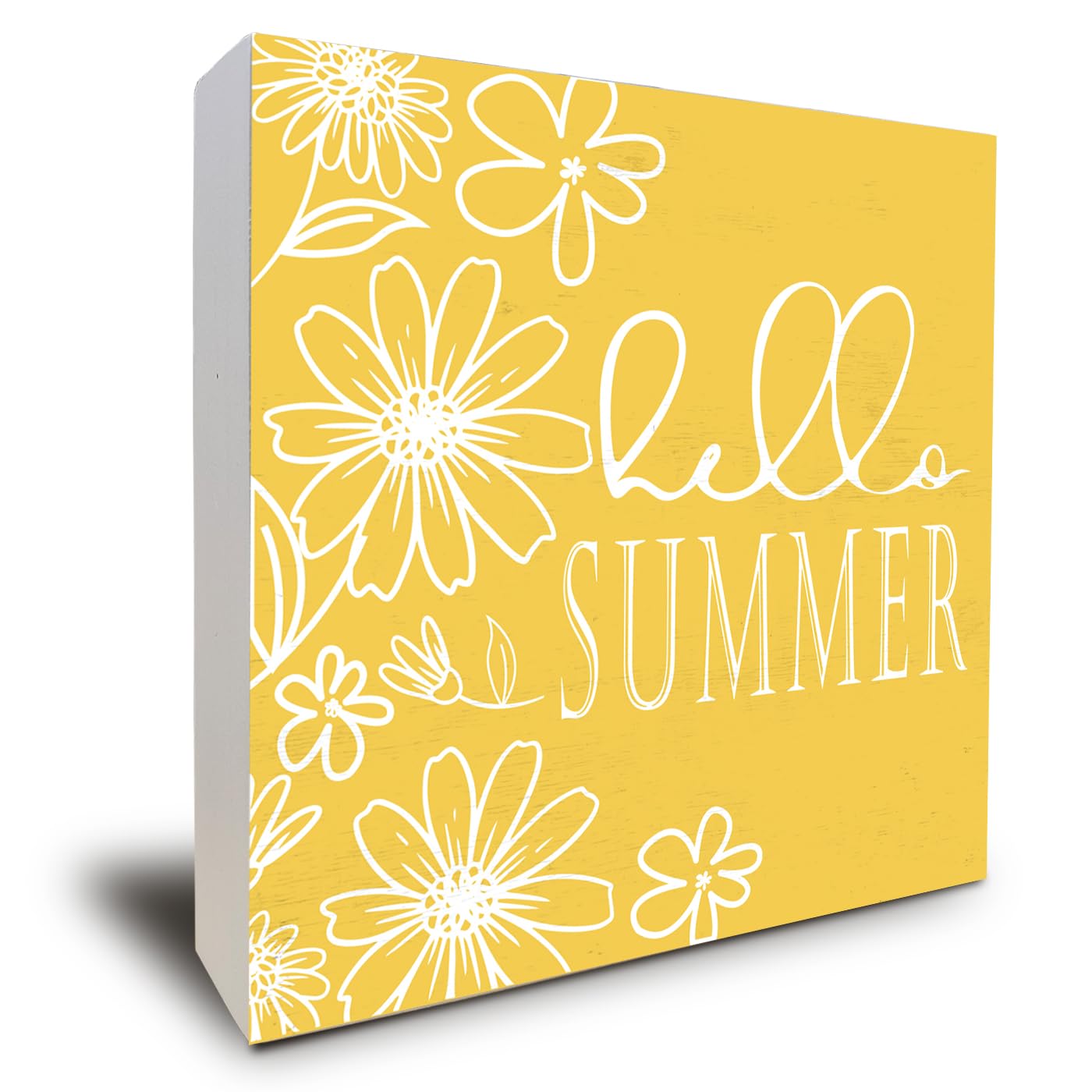 Yellow Wooden Box Sign - Summer Home Decor for Bathroom Shelf & Desk Accessories (5x5 Inch) - Perfect for Farmhouse, Beach House & Seasonal Decoration