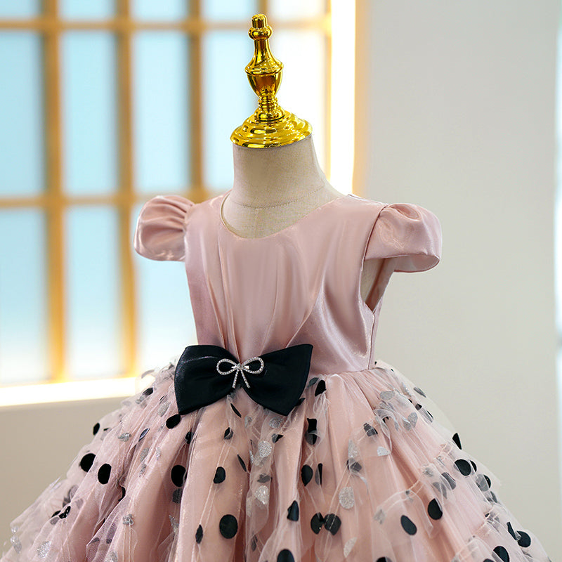 Pink Satin Tulle A-Line Flower Girl Dress with Cap Sleeves and Bow - Perfect for Weddings, Tea Parties, and Special Occasions