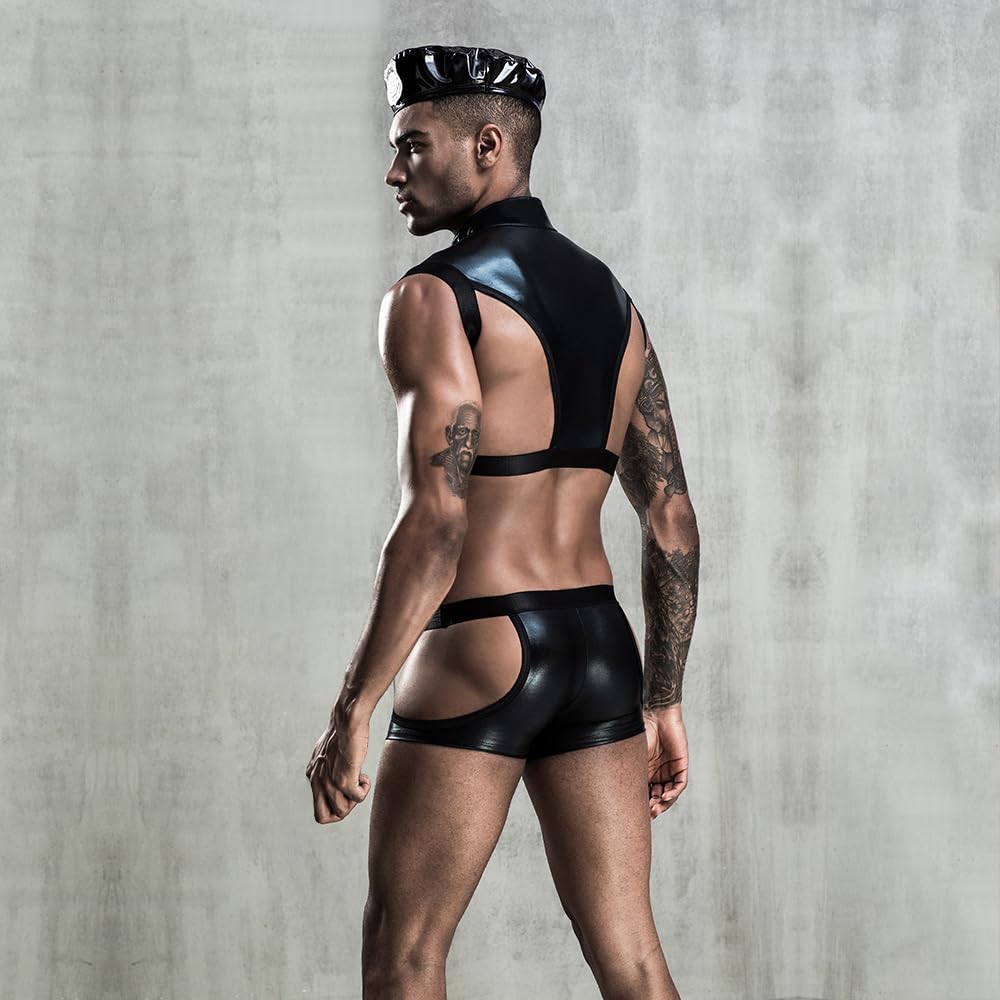 Sexy Police Costume Lingerie for Men - Black, Size L - Roleplay Underwear for Halloween, Cosplay & Adult Parties