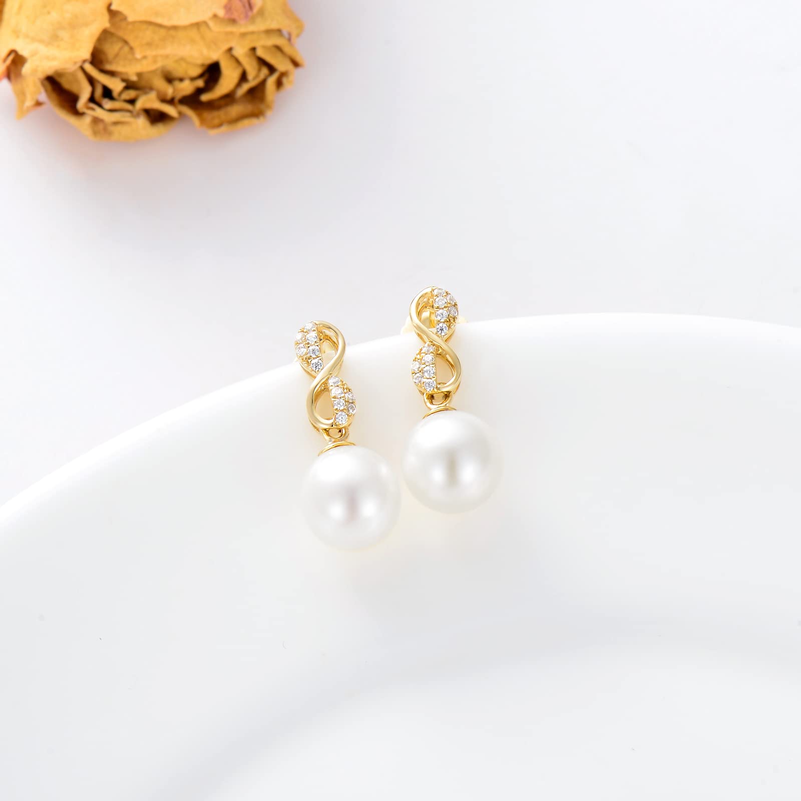 14K Gold Butterfly & Infinity Pearl Earrings for Women - Freshwater Cultured Pearl Stud Earrings, Anniversary Birthday Gift for Her, Girls, Mom, Wife - Perfect for Weddings, Date Nights & Special Occasions