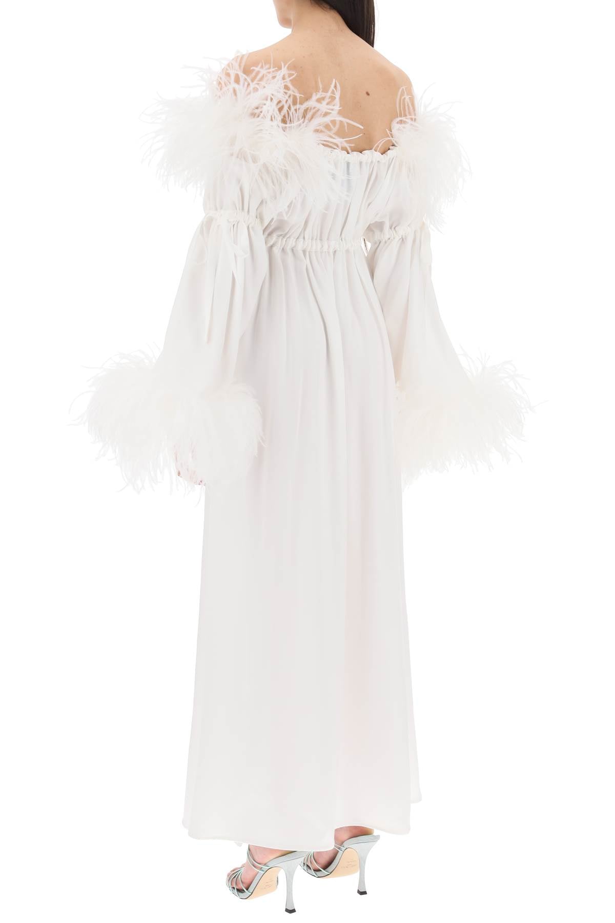 Bettina Maxi Dress - Elegant Satin Evening Gown with Feather Trim | Perfect for Weddings, Galas & Special Occasions