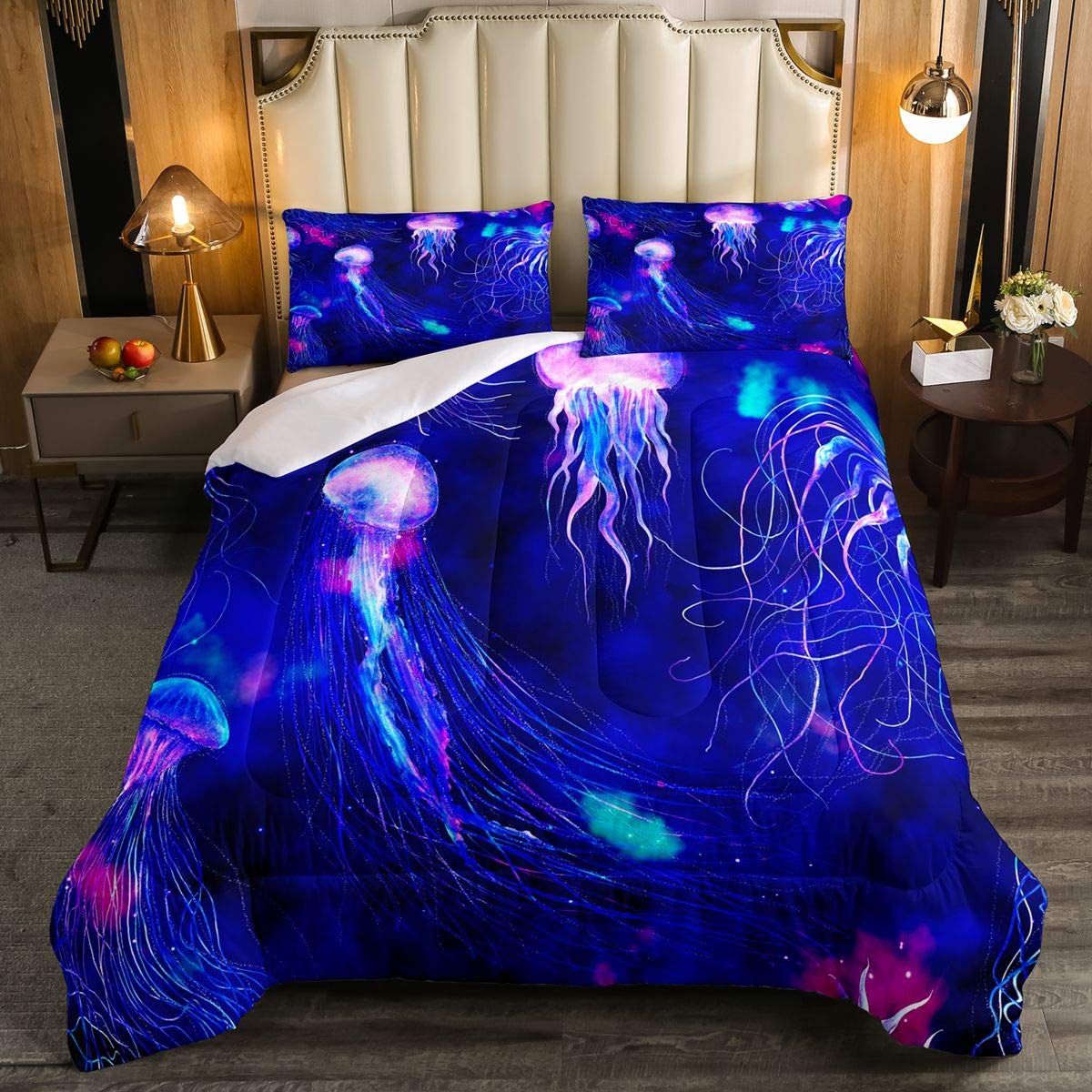 Glitter Jellyfish Comforter Set - Ocean Themed Ultra Soft Duvet Cover for Kids Boys Girls | Underwater World Bedding Decor | Full Size Blue Comforter for Cozy Bedroom & Sea Creature Themed Nursery
