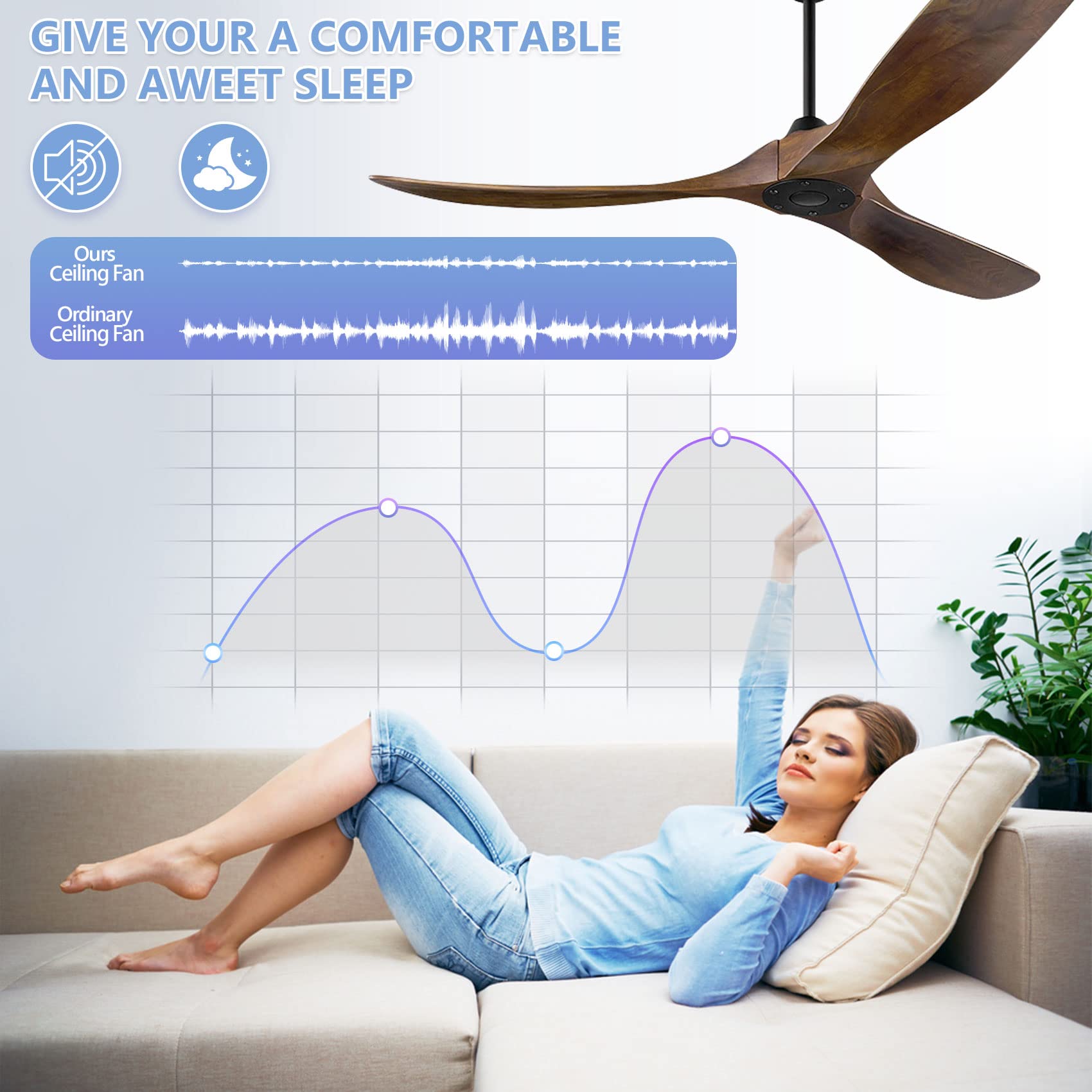 52 Inch Outdoor Wood Ceiling Fan Without Light - Remote Control, 3 Blades Moisture-Proof DC Motor - 6 Speed Silent Operation for Bedroom, Patio, Kitchen & Living Room - Perfect for Indoor/Outdoor Cooling & Air Circulation
