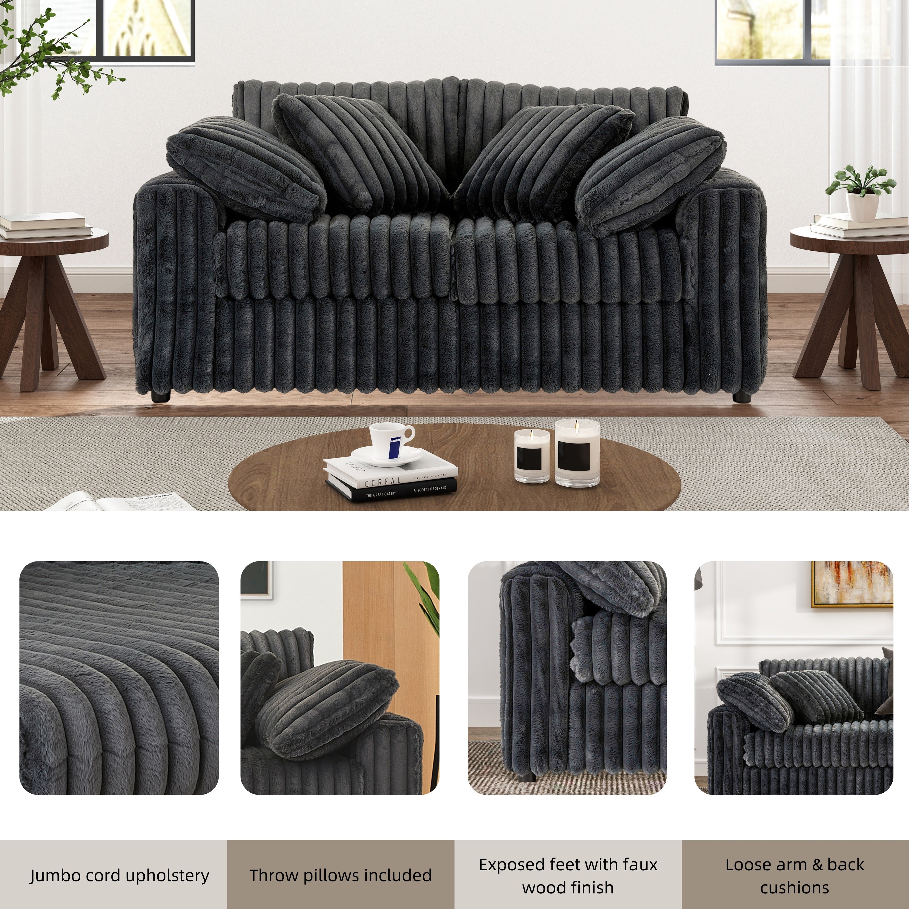 Roundhill Furniture Belvoir Upholstered Stationary Loveseat - Soft Fabric Sofa for Living Room, Small Space & Apartment | Comfortable Two-Seater Couch for Home Decor