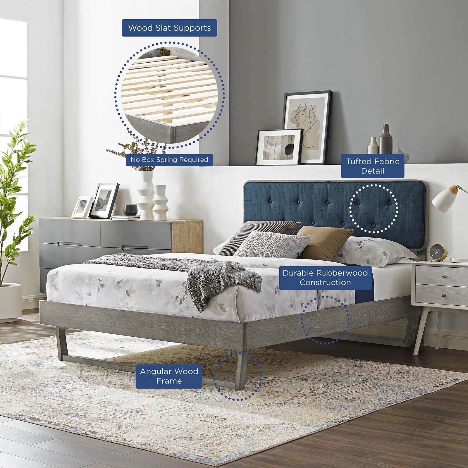 Bridgette Wood Platform Bed with Angular Frame - Modern Solid Wood Bed Frame for Bedroom, Living Room & Guest Room