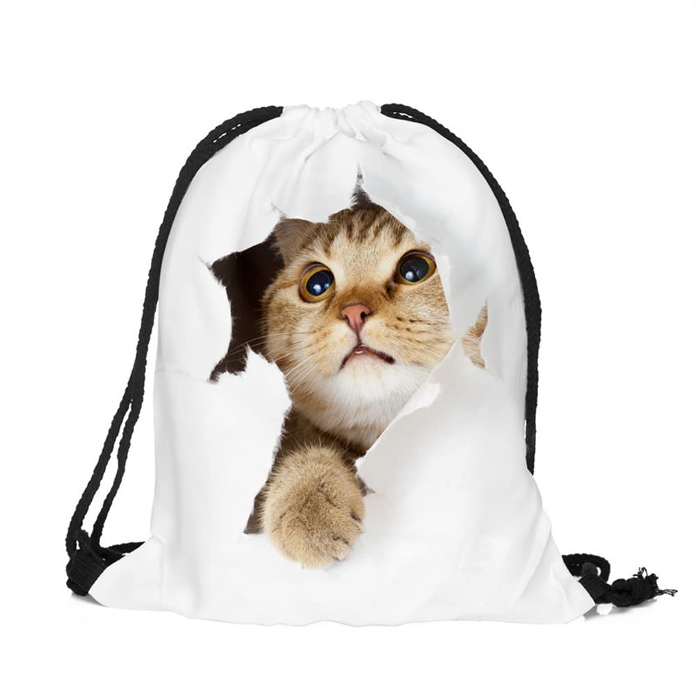 Cute Cat Drawstring Backpack for Women, Girls, Boys & Kids - Lightweight Gym Bag & Sports Backpack with Adjustable Strings - Perfect for School, Travel, Gym & Outdoor Activities - Reusable Storage Organizer Pouch (White)