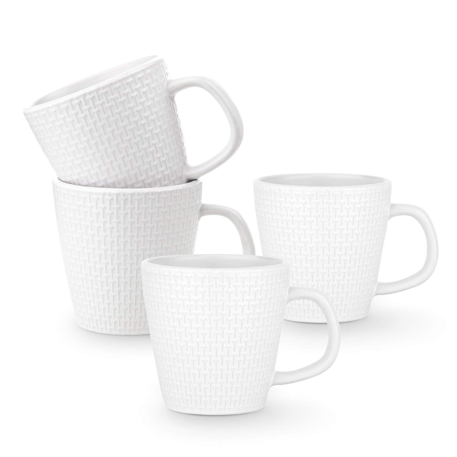 Olivia White Stoneware Dish Set - 4 Weave Stoneware Mugs for Coffee, Tea & Hot Beverages - Perfect for Breakfast, Kitchen & Dining Room Decor
