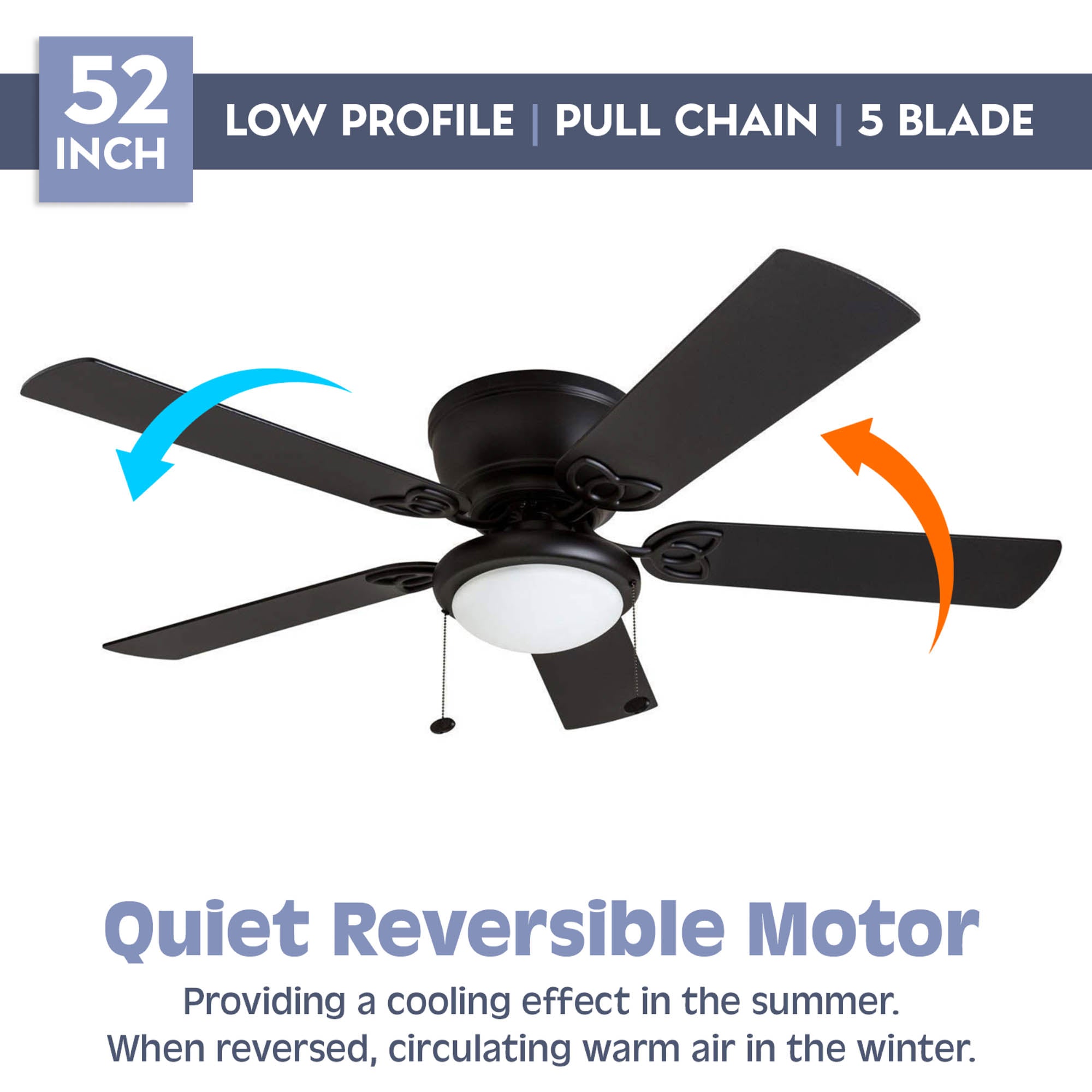 52 Inch Benton Matte Black Ceiling Fan with Pull Chain - Energy Efficient Indoor/Outdoor Fan for Living Room, Bedroom, or Patio