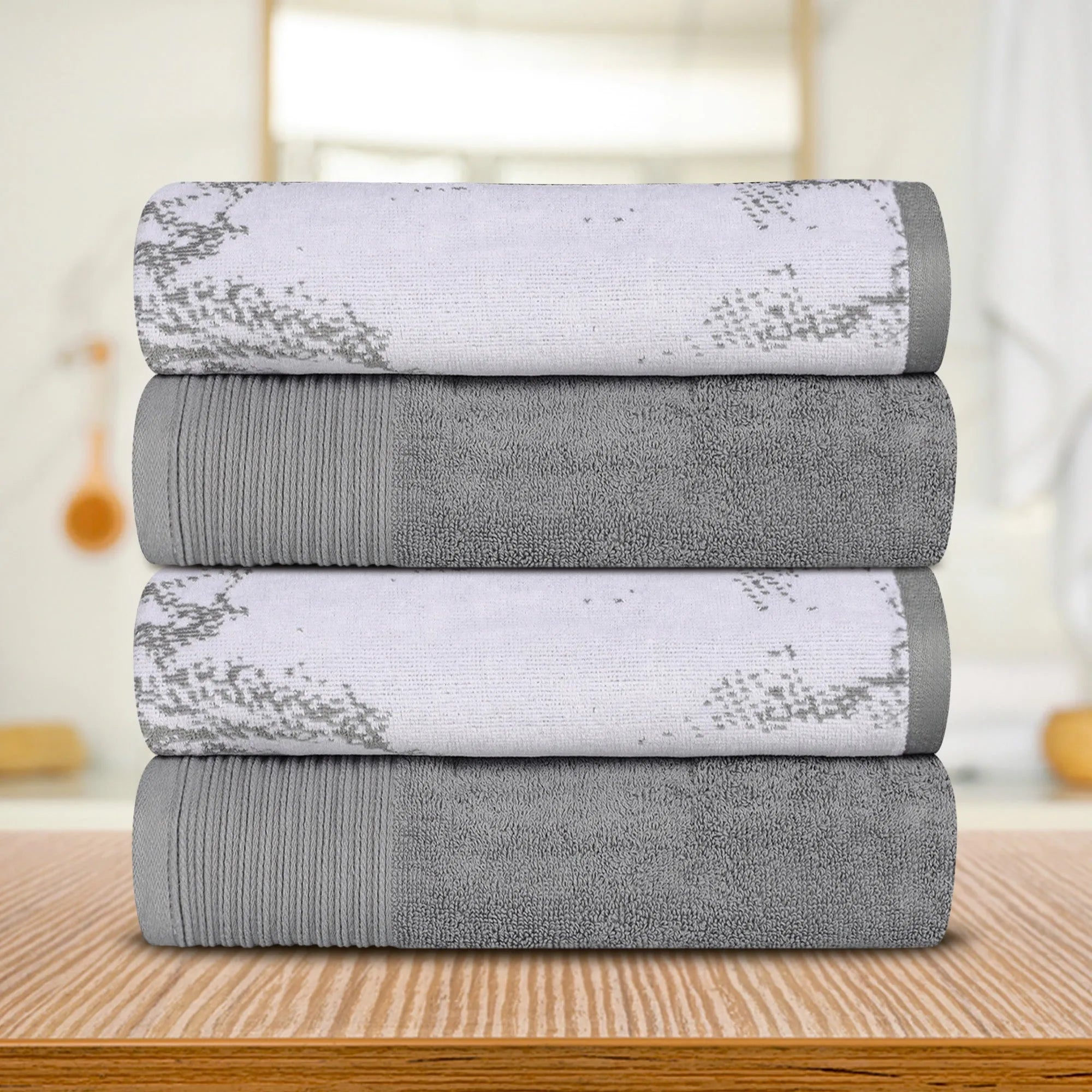 Premium Cotton Marble Jacquard Bath Towels Set of 4 - Ultra Soft & Absorbent Luxury Towels for Spa, Bathroom, and Beach Use