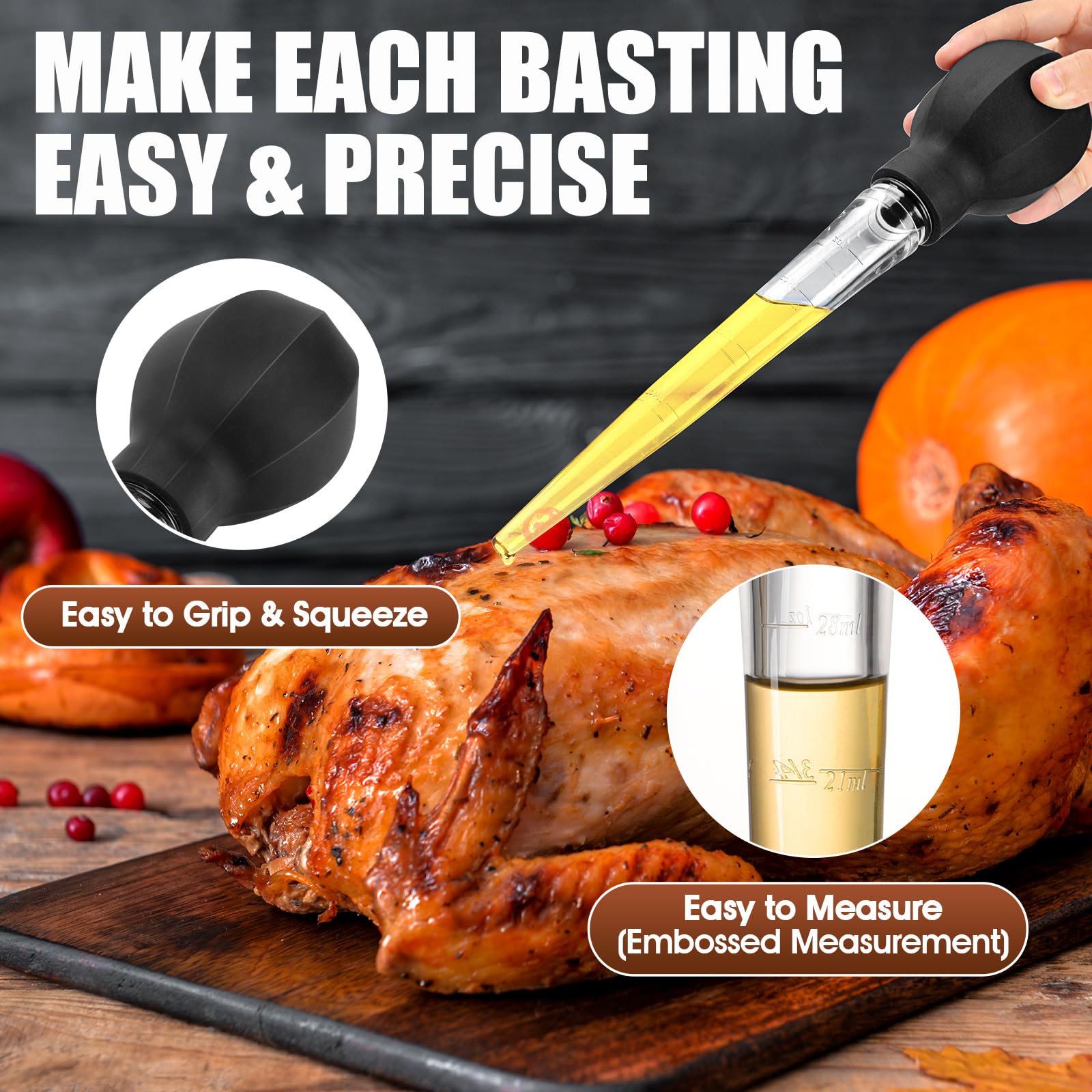 Premium Turkey Baster with Brush - Easy to Use & Clean - Dishwasher Safe for Cooking Meat, Poultry & Beef
