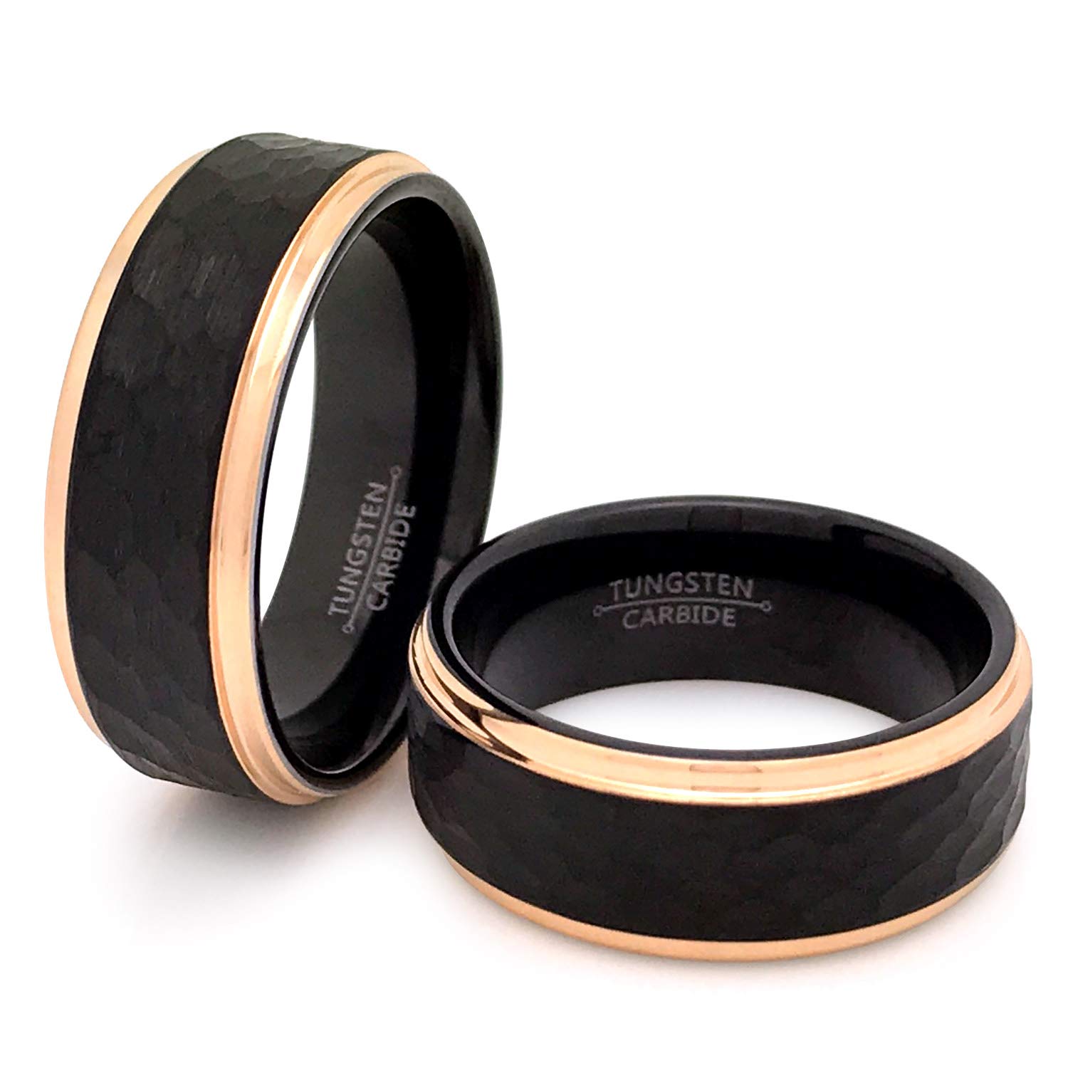 8mm His and Hers Tungsten Wedding Bands - Personalized Two Tone Black & Rose Gold Hammered Rings - Anniversary Gifts for Couples - Perfect for Engagements, Vows Renewal and Special Occasions - TCR513