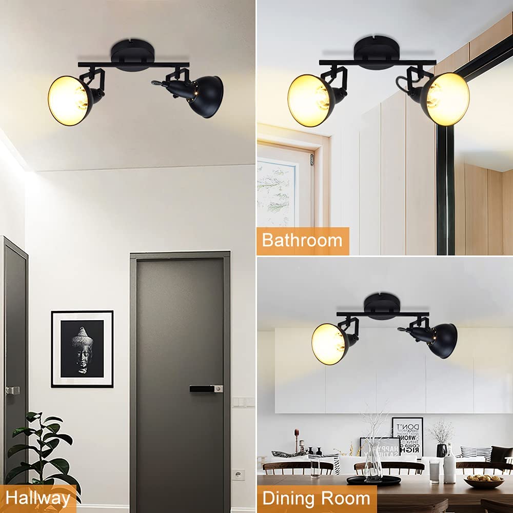 DLLT Industrial Track Light - Black Metal Retro Ceiling Track Lighting Fixture with 2 Adjustable Spotlights for Kitchen, Bedroom, Dining Room, Office & Closet | Modern Home & Commercial Lighting Solution