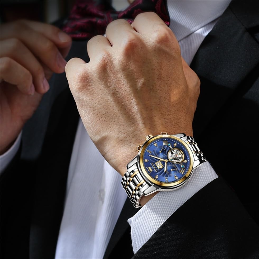 OLEVS Luxury Skeleton Automatic Mechanical Watch for Men - Self Winding, Diamond Accents, Luminous Hands, Waterproof - Perfect for Business, Formal Events & Everyday Wear