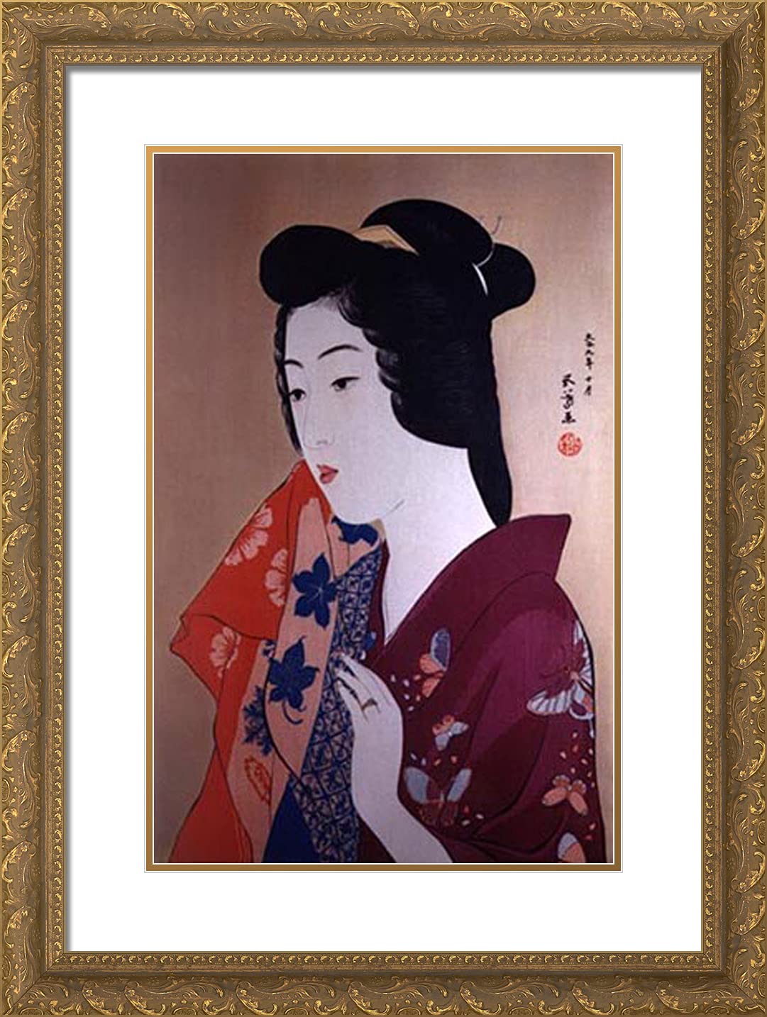 Goyo Hashiguchi 'Woman With a Hand Towel' 19x24 Gold Ornate Framed Art Print with Double Matting - Japanese Ukiyo-e Reproduction for Home Decor, Office & Gallery Display