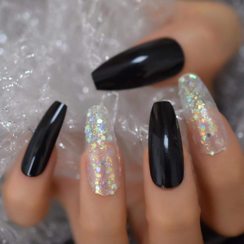 **HUIL Press on False Nails - 24pcs Extra Long Ballerina Coffin Fake Nails with Classic Black, Clear & Bling Glitter Design | Perfect for Parties, Weddings & Special Occasions**