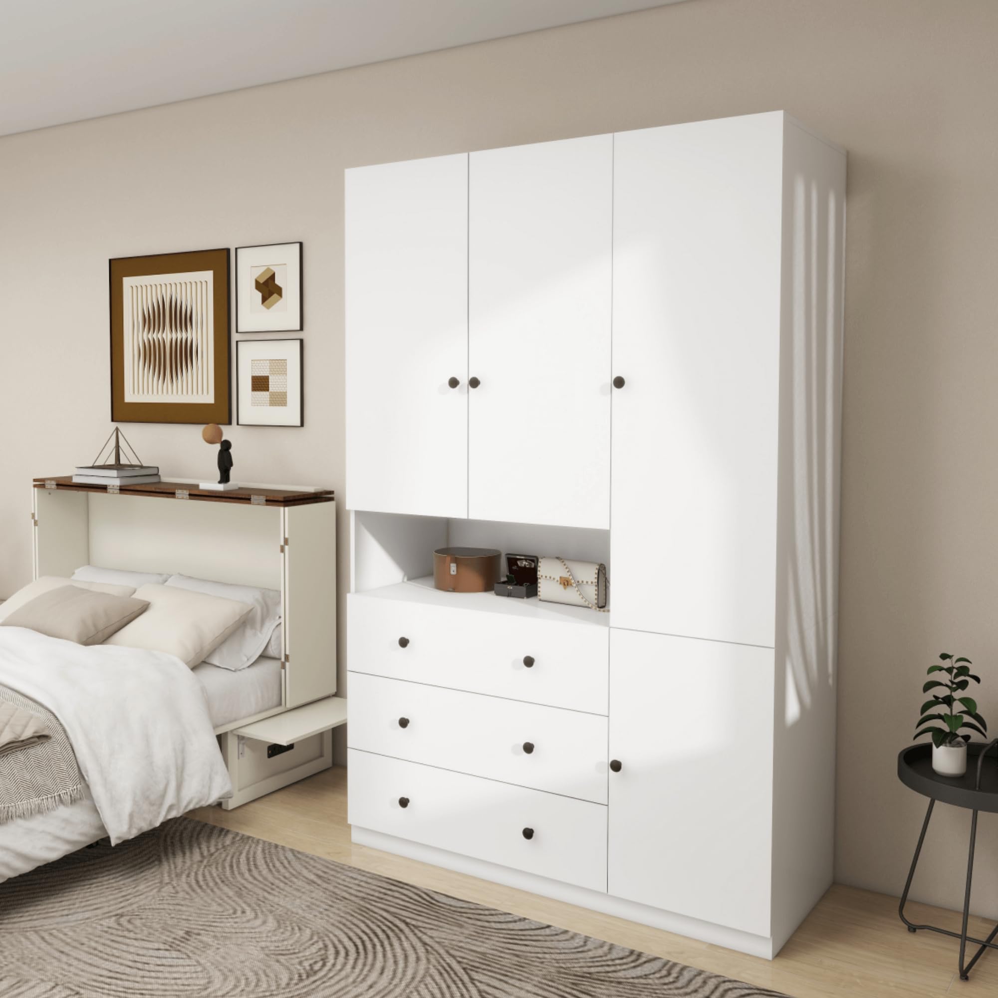 White Wooden Wardrobe Closet Armoire with Hanging Rod & Shelves - Spacious Storage Cabinet for Bedroom, Clothes Organization & Home Decor