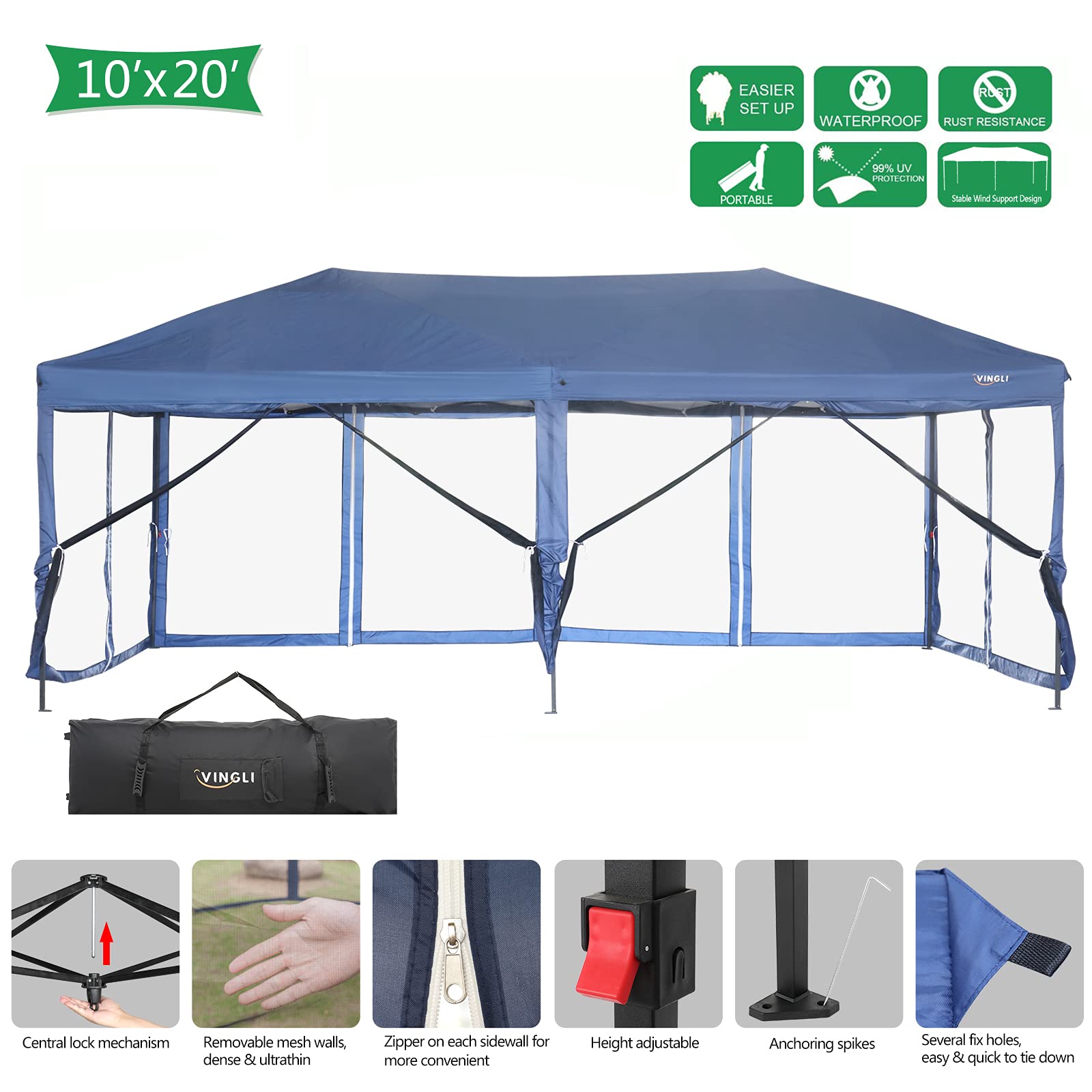 VINGLI 10x20 Pop Up Canopy Tent with Removable Sidewalls & Wheeled Carry Bag - Portable Outdoor Screen Tent for Camping, Beach, Picnics, Parties & Backyard Events - Blue Gazebo with Mosquito Netting