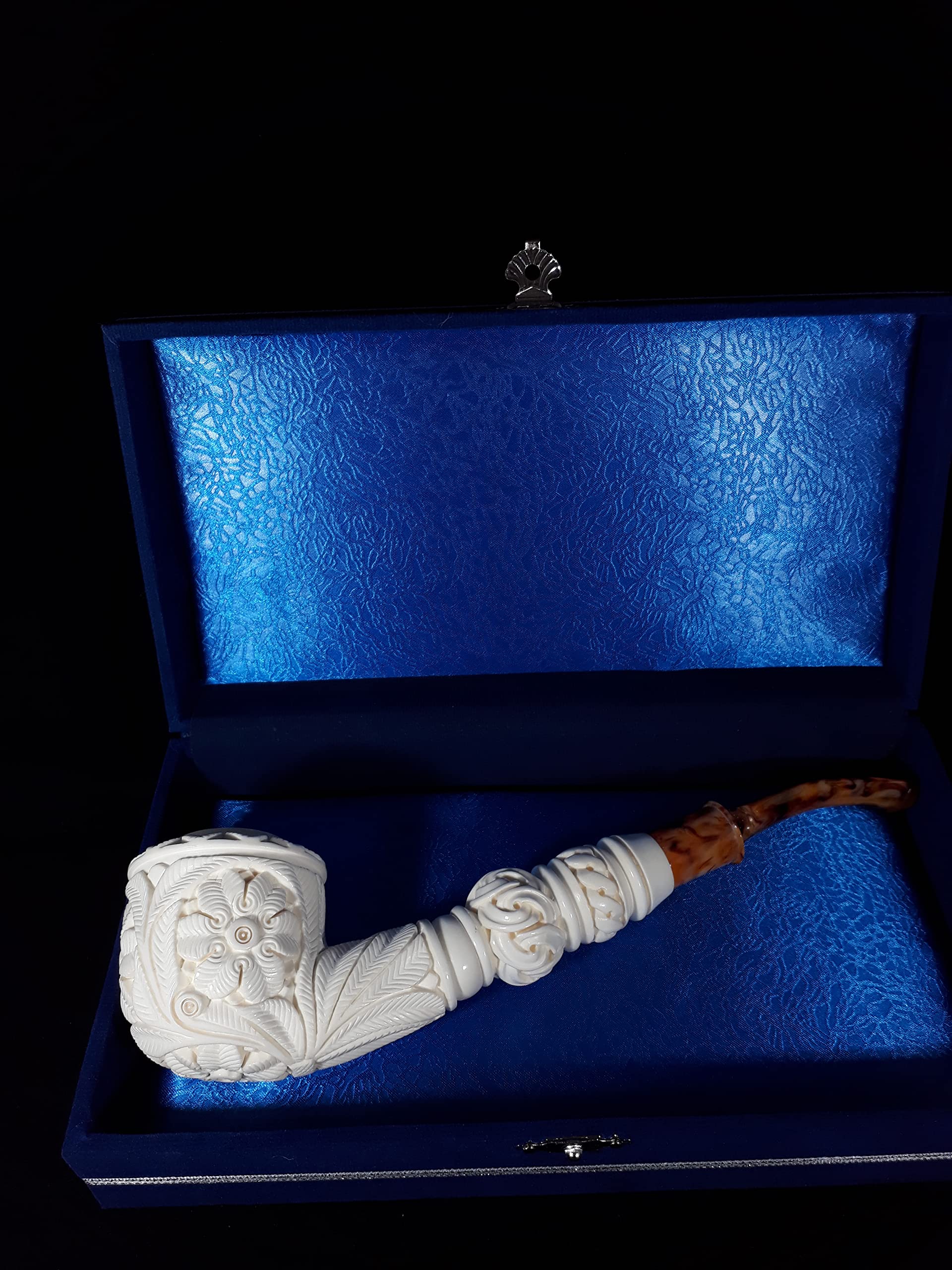Premium Meerschaum Pipe with Floral Embossed Design & Bent Stem - Handcrafted from Solid Block Meerschaum | Perfect for Relaxing Smoke Sessions & Collector's Display