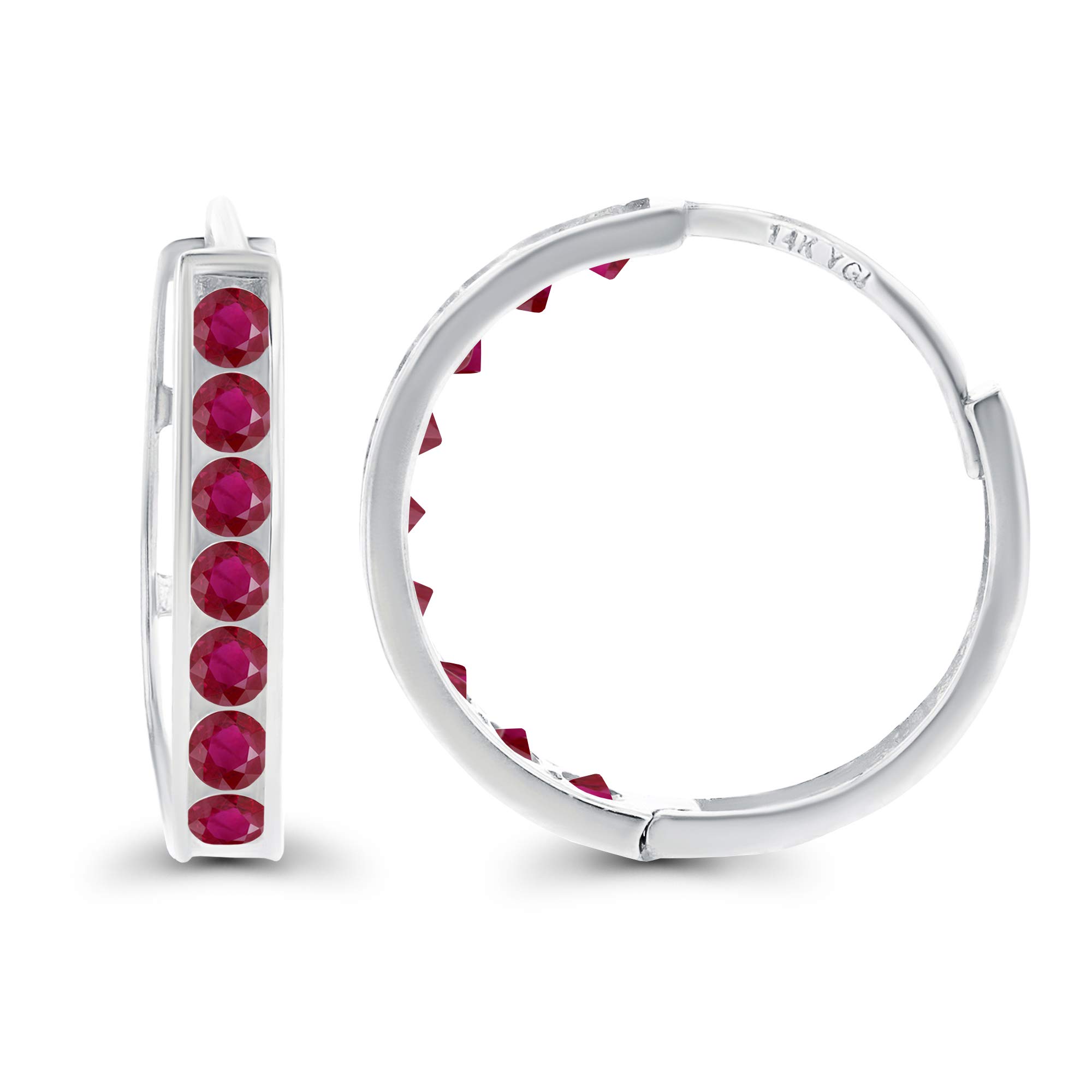 14K Solid Gold 3x17mm Genuine Birthstone Huggie Hoop Earrings for Women | 3mm Round Natural or Created Gemstone Channel Set | Perfect for Everyday Wear, Gifts & Special Occasions