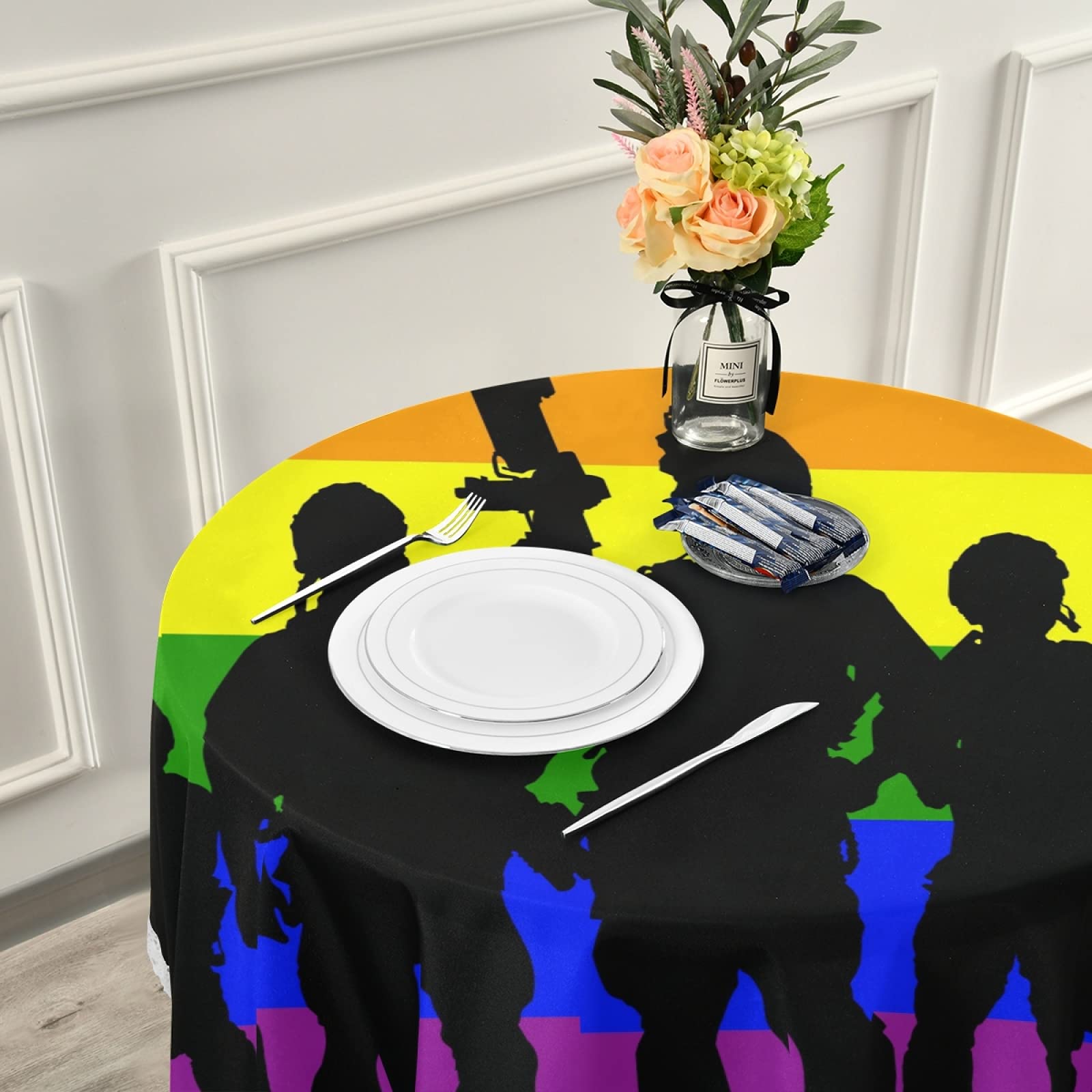 Rainbow Pride LGBT Army Soldier Round Tablecloth - 60 Inch Washable Polyester Circular Table Cover for Kitchen, Party, Picnic & Dining Decor | Perfect for Pride Celebrations, Military-Themed Events & LGBTQ+ Gatherings