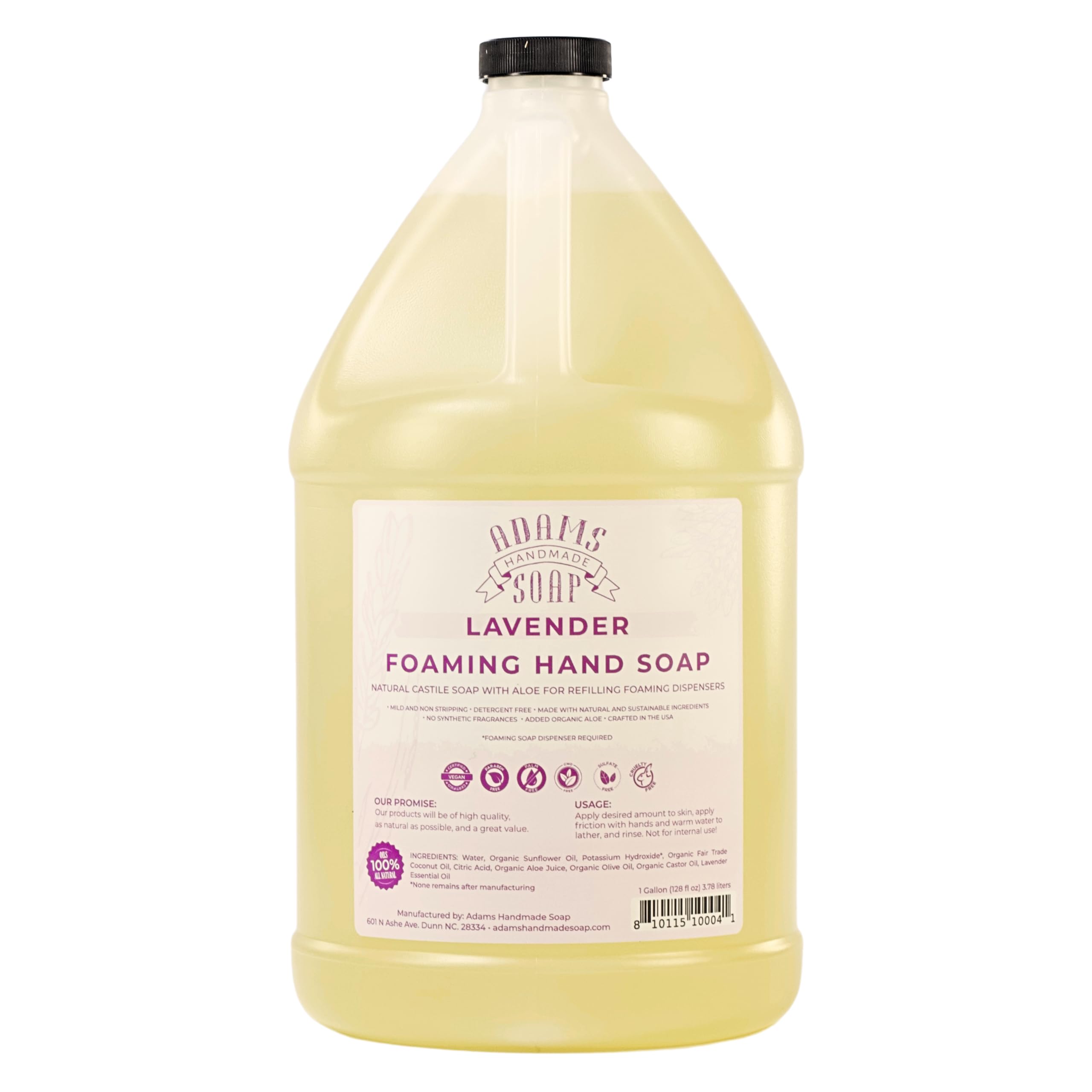 Adams Handmade Lavender Foaming Liquid Soap - 1 Gallon Bulk Refill for Bathroom, Kitchen & Spa | Natural Gentle Cleanser for Hands, Face & Body | Vegan, Cruelty-Free Soap Dispenser Refill (1 Pack)