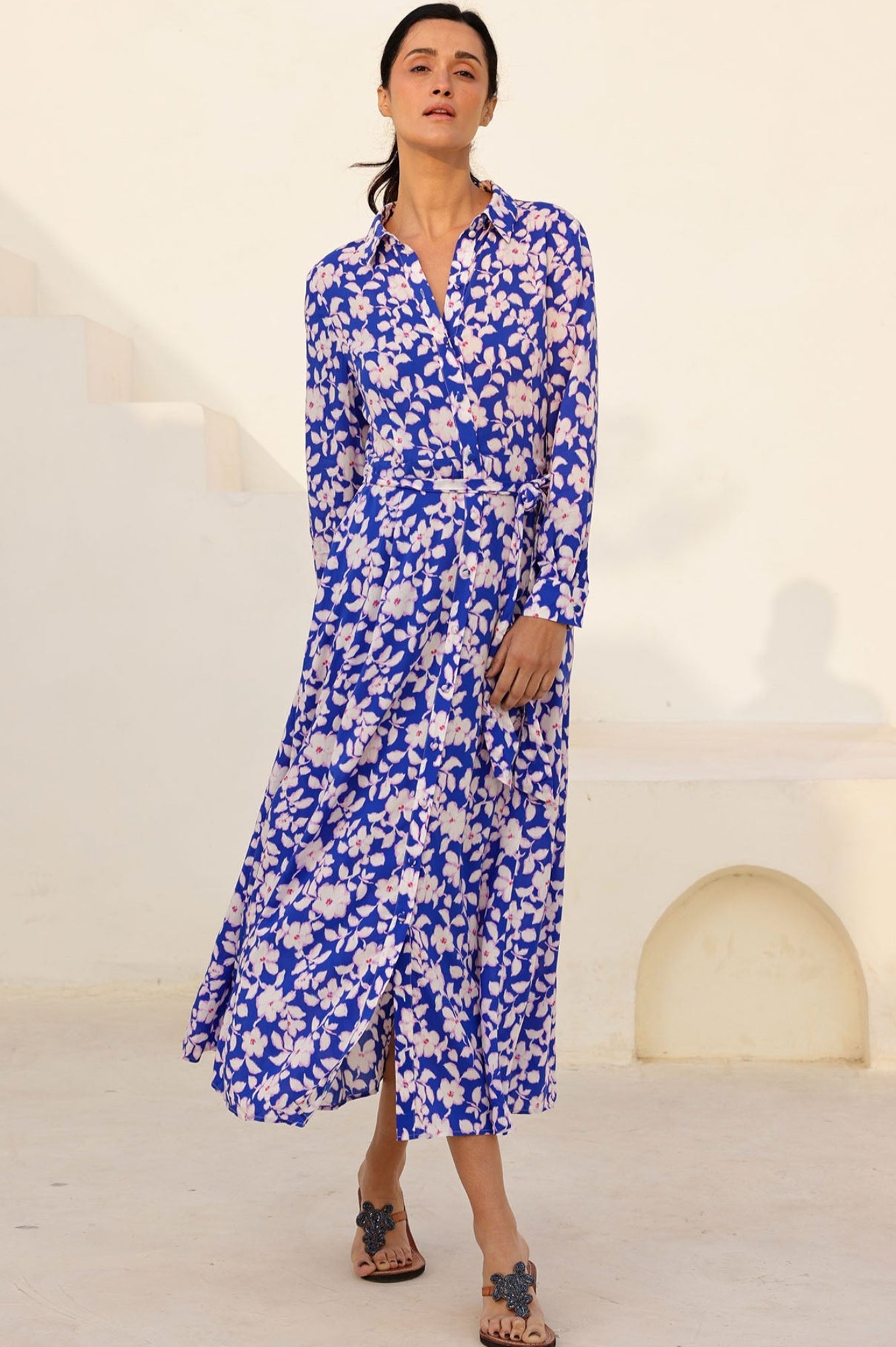 Eliza EcoVero™ Shirt Dress for Women - Blossom Cobalt & Pink Floral Print | Sustainable Viscose Wrap Dress | Perfect for Office, Date Night & Summer Outings