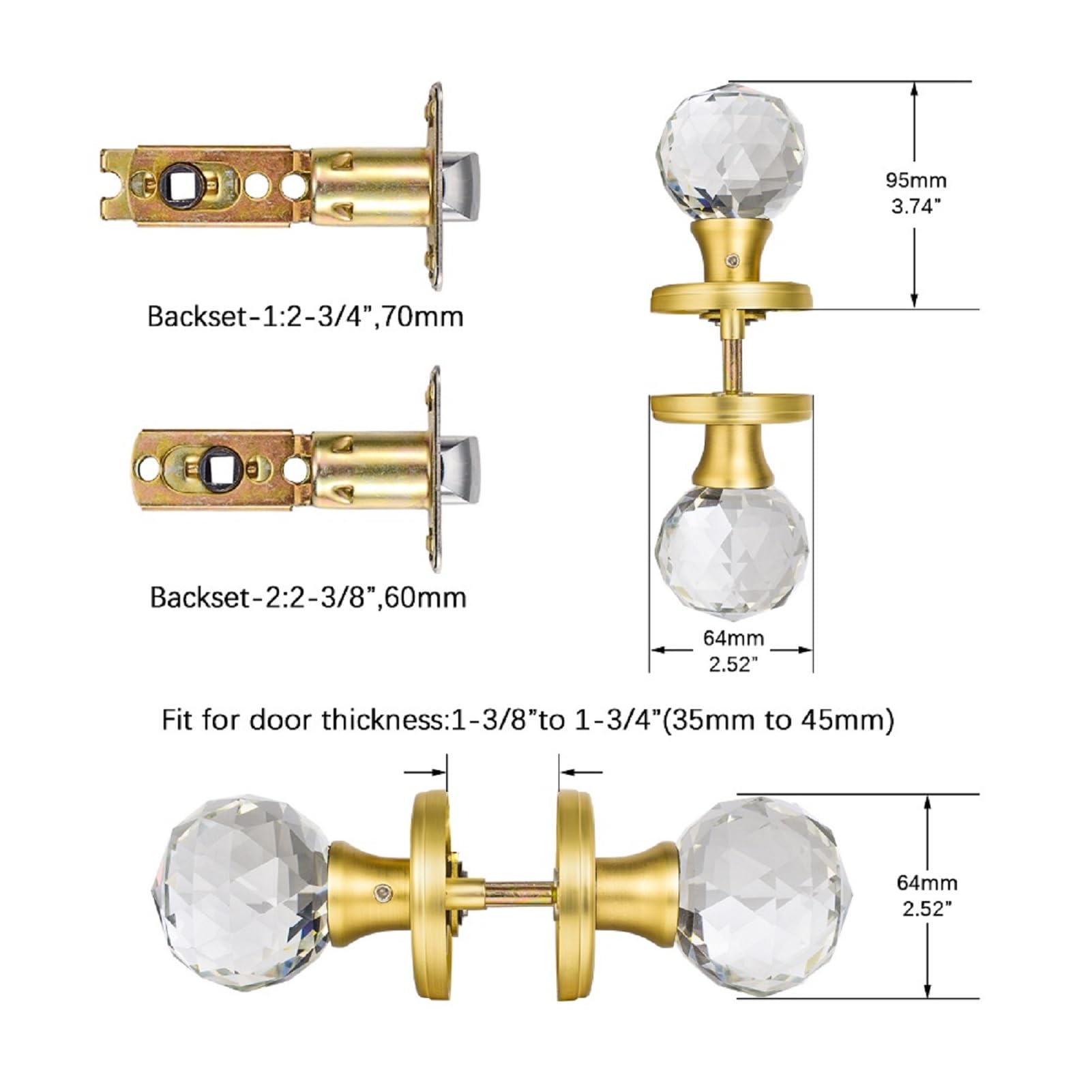 Satin Brass Crystal Glass Door Knobs - Round Interior Door Handles for Hallway, Closet & Bedroom - Elegant & Durable Hardware for Home Décor & Renovation Projects