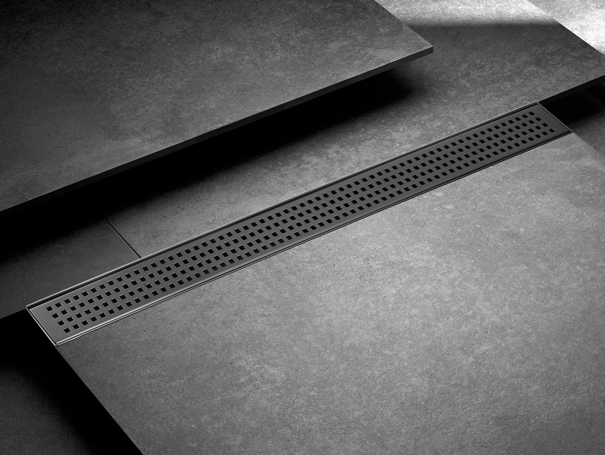 HEATGENE 36-Inch Linear Shower Drain - Stainless Steel Rectangle Shower Floor Drain with Removable Quadrato Pattern Grate & Hair Strainer - Matte Black - Perfect for Modern Bathroom & Wet Room Designs