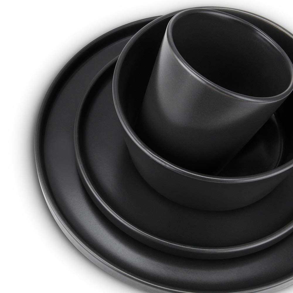 Premium 16-Piece Black Stoneware Dinnerware Set - Includes Dinner Plates, Salad Plates, Soup Bowls & Coffee Mugs - Elegant Table Setting for Family Meals, Dinner Parties & Restaurant Use