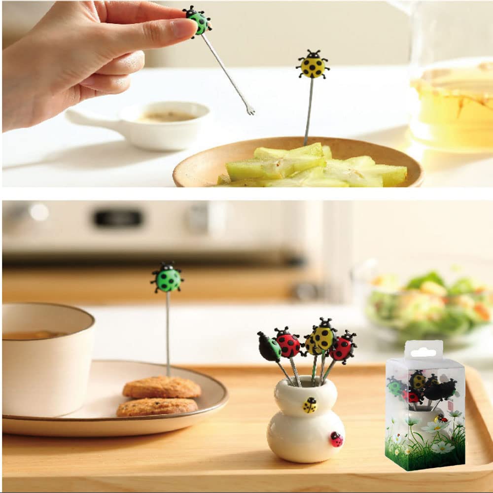 6pcs Kids Fruit Forks with Ceramic Holder - Cute Ladybug Design - Safe Snack Utensils for Children's Parties, Picnics & Family Gatherings